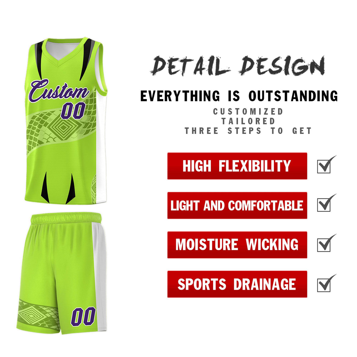 Custom Neon Green White Snake Scale Venomous Fang for Clubs Graffiti Pattern Basketball Suit Jersey