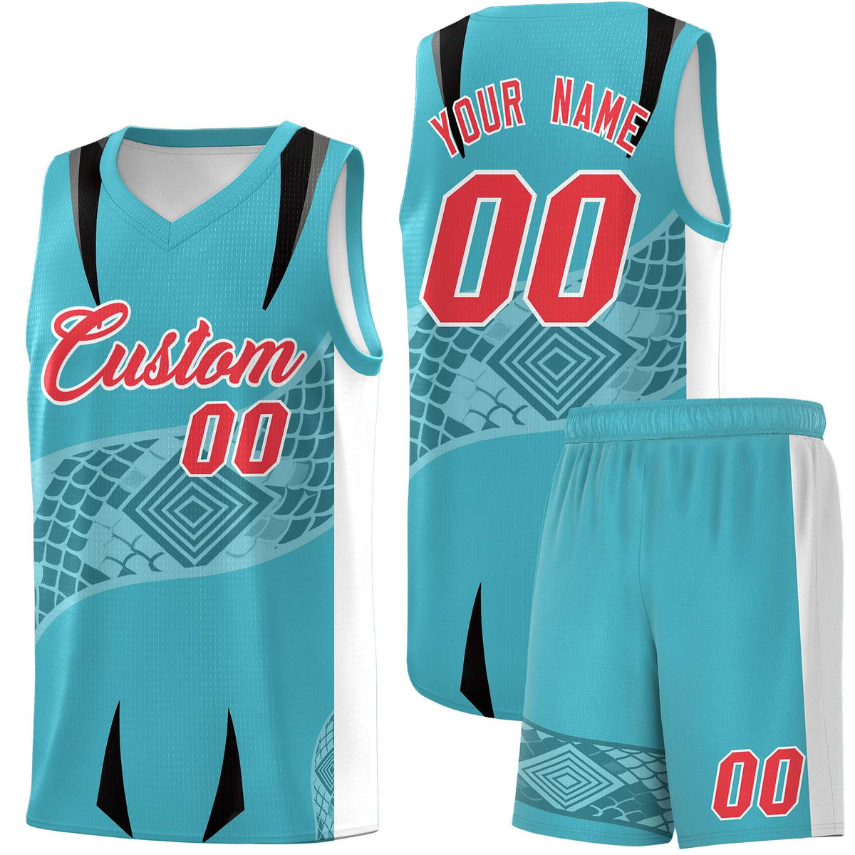 Custom Sky Blue White Snake Scale Venomous Fang for Team Graffiti Pattern Basketball Suit Jersey
