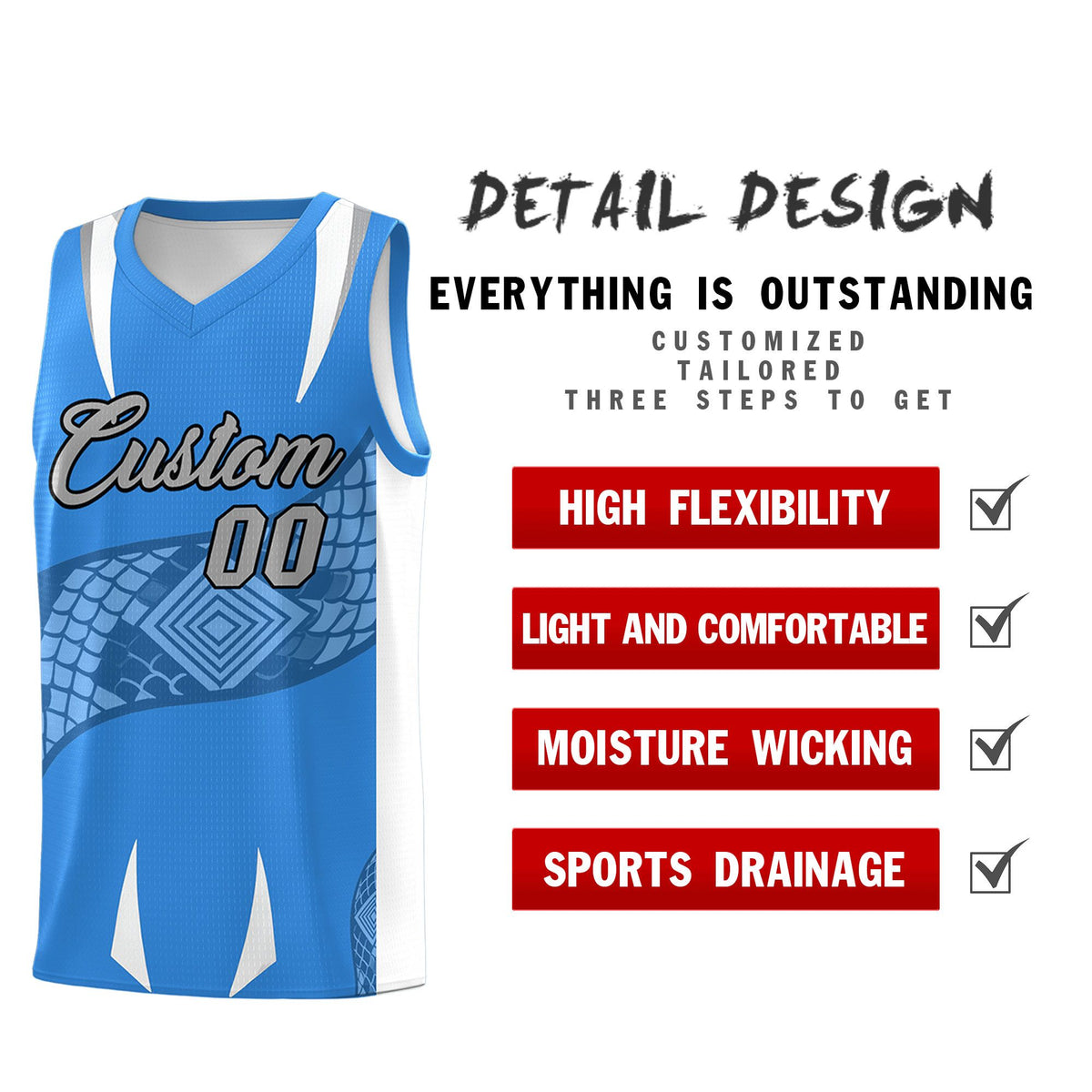 Custom Light Blue White Snake Scale Venomous Fang Lightweight Graffiti Pattern Basketball Suit Jersey