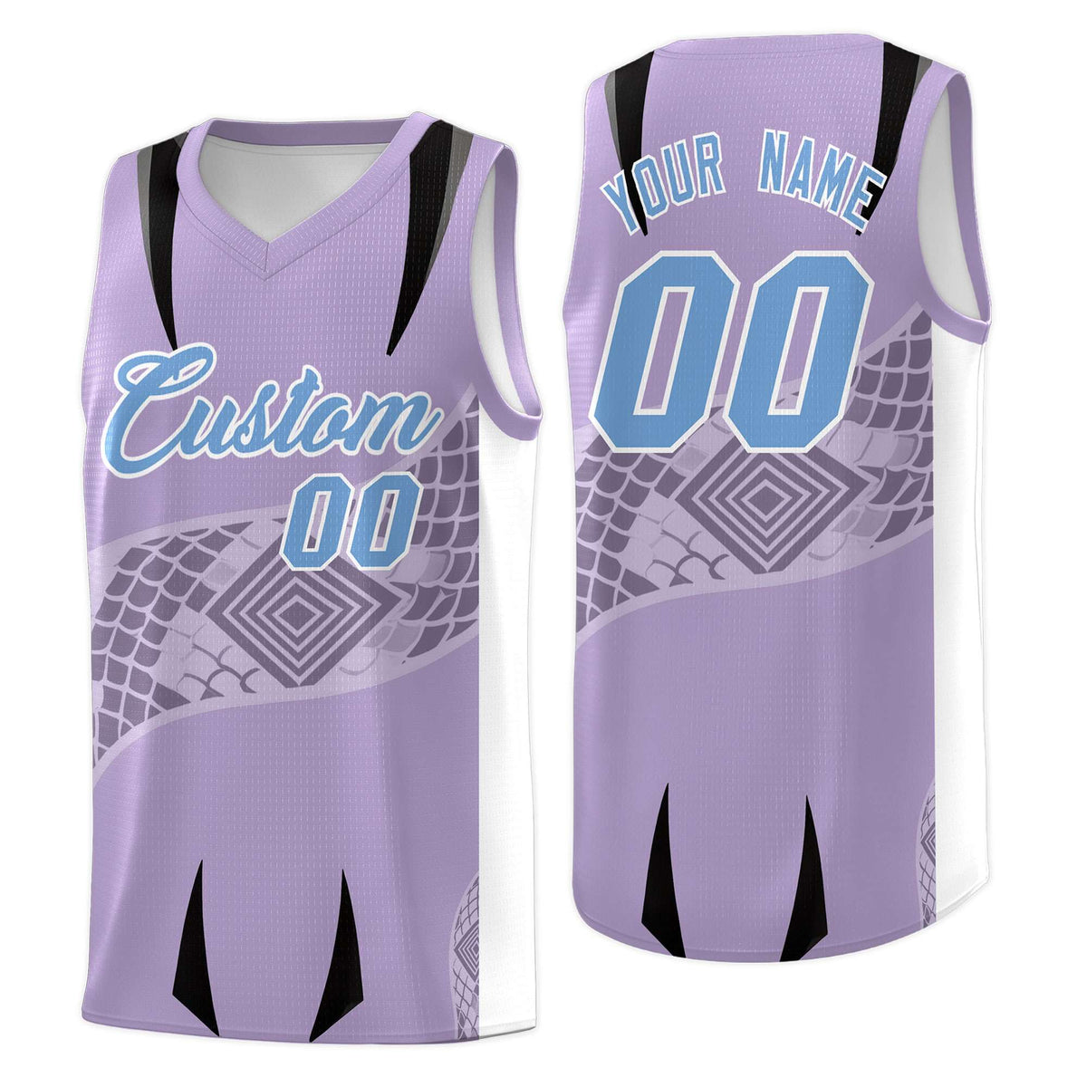 Custom Light Purple White Snake Scale Venomous Fang for Team Graffiti Pattern Basketball Suit Jersey