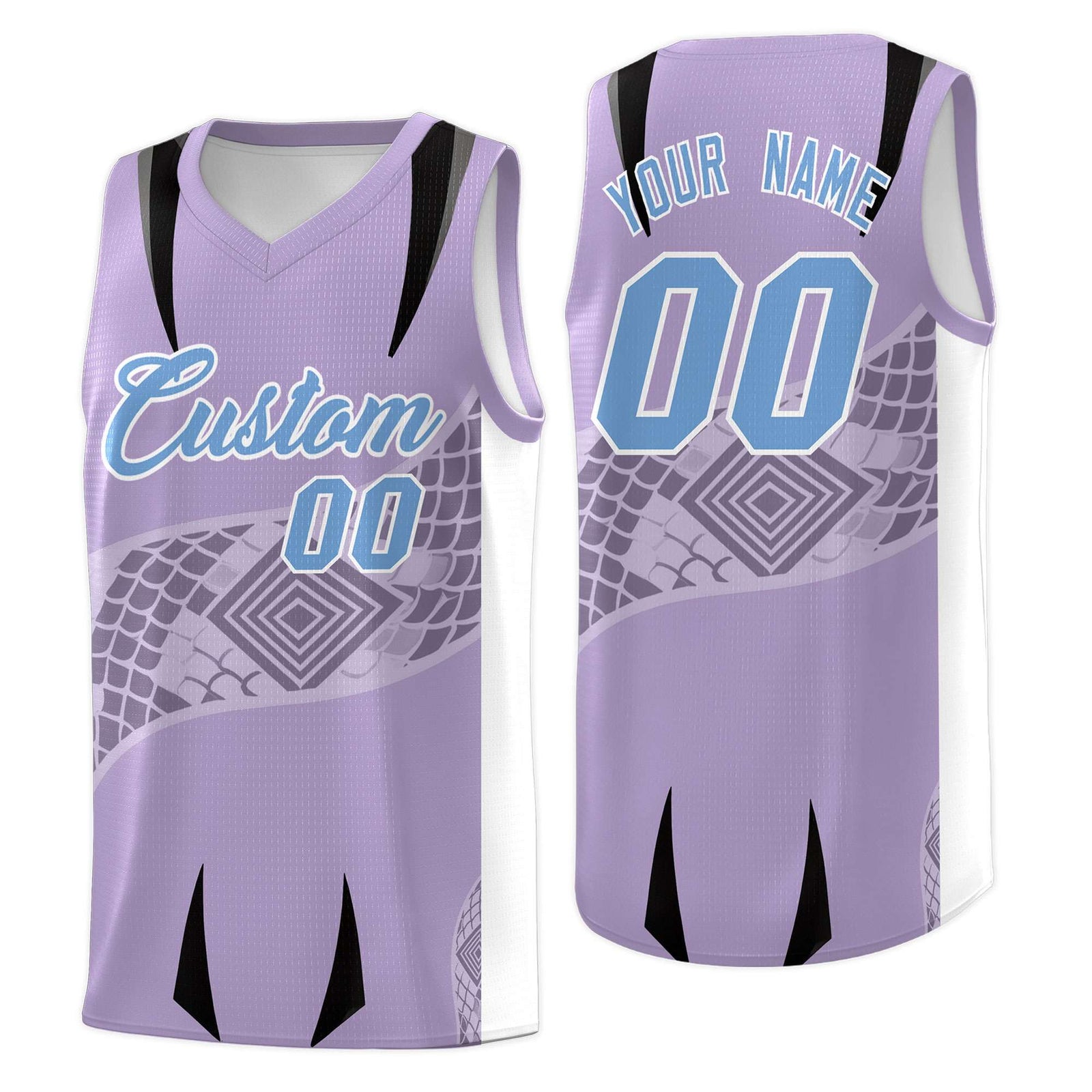 Custom Light Purple White Snake Scale Venomous Fang for Team Graffiti Pattern Basketball Suit Jersey