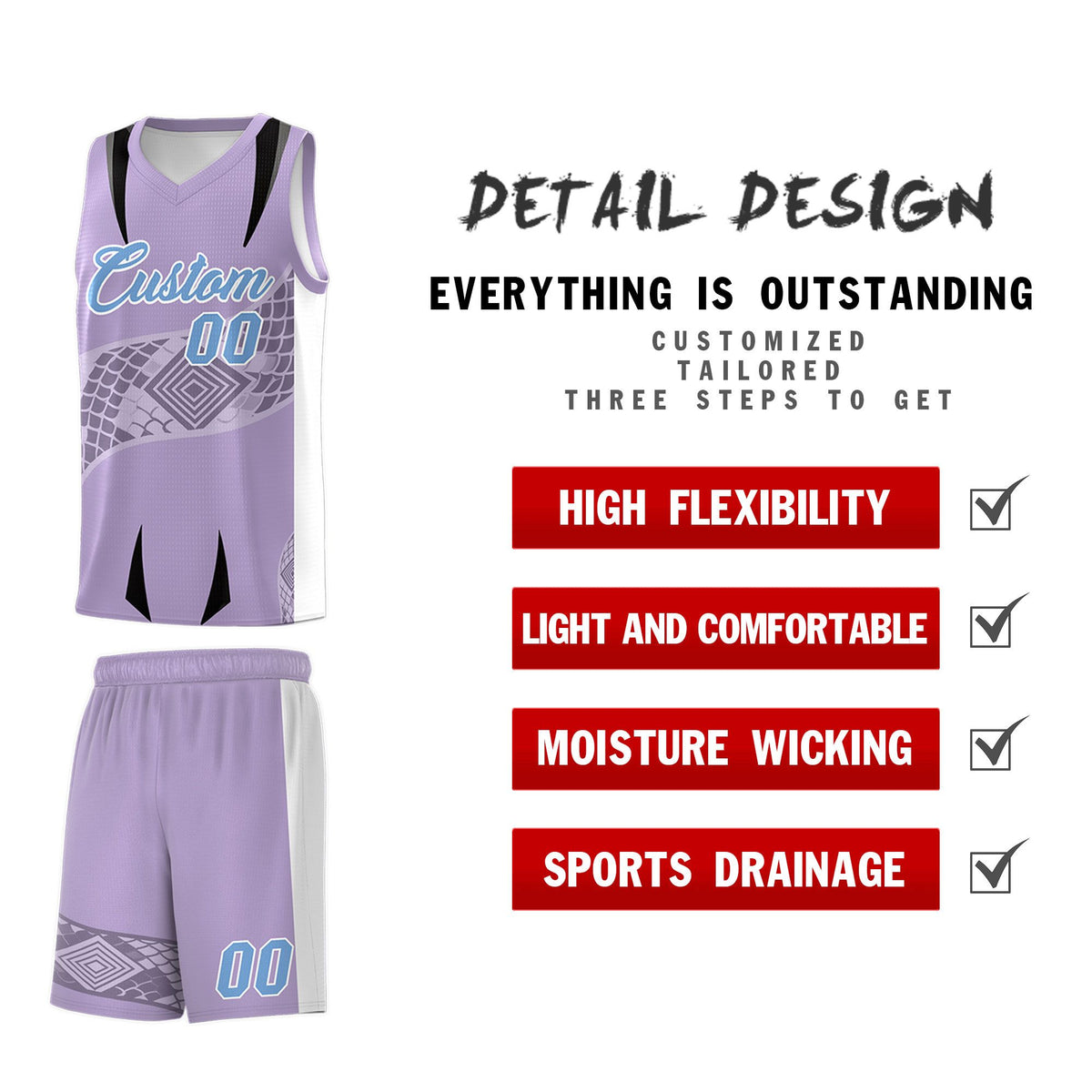 Custom Light Purple White Snake Scale Venomous Fang for Team Graffiti Pattern Basketball Suit Jersey