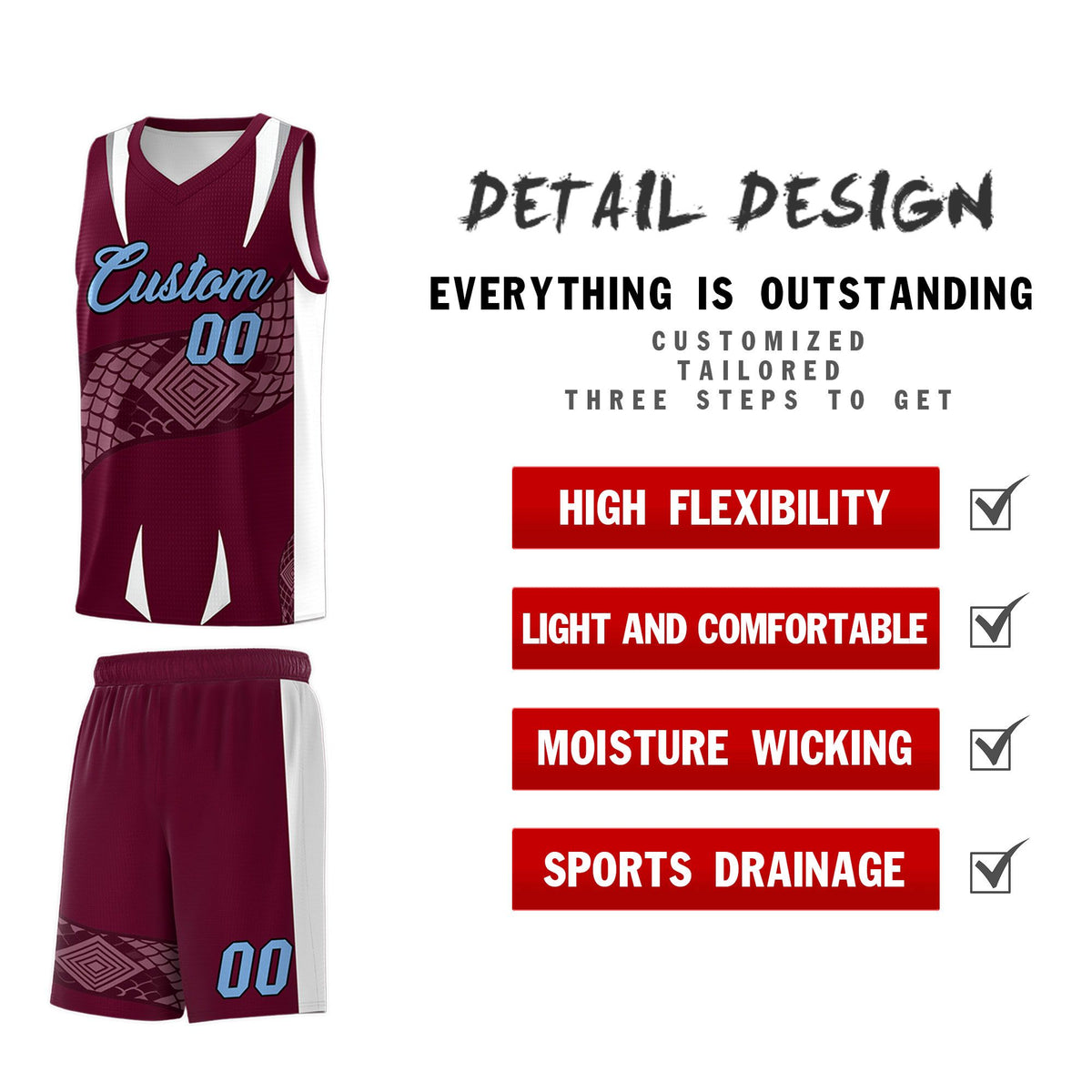 Custom Burgundy White Snake Scale Venomous Fang Lightweight Graffiti Pattern Basketball Suit Jersey