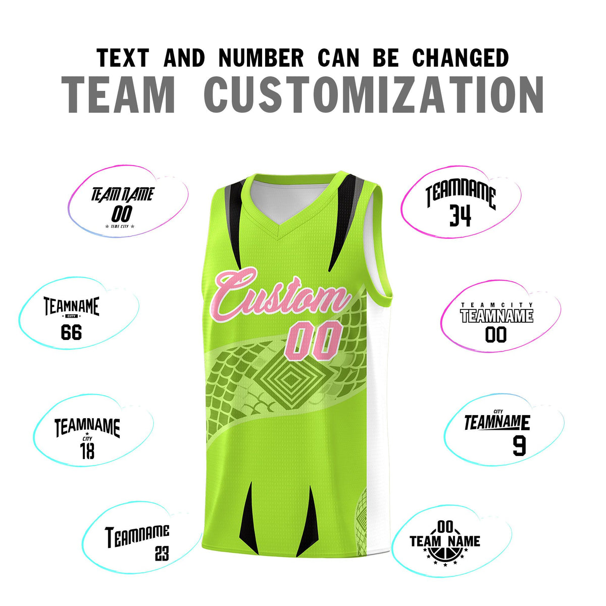 Custom Neon Green White Snake Scale Venomous Fang for Leagues Graffiti Pattern Basketball Suit Jersey