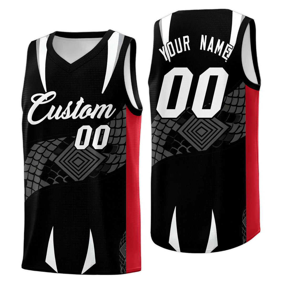 Custom Black Red  Snake Scale Venomous Fang Breathable Graffiti Pattern Basketball Suit Jersey