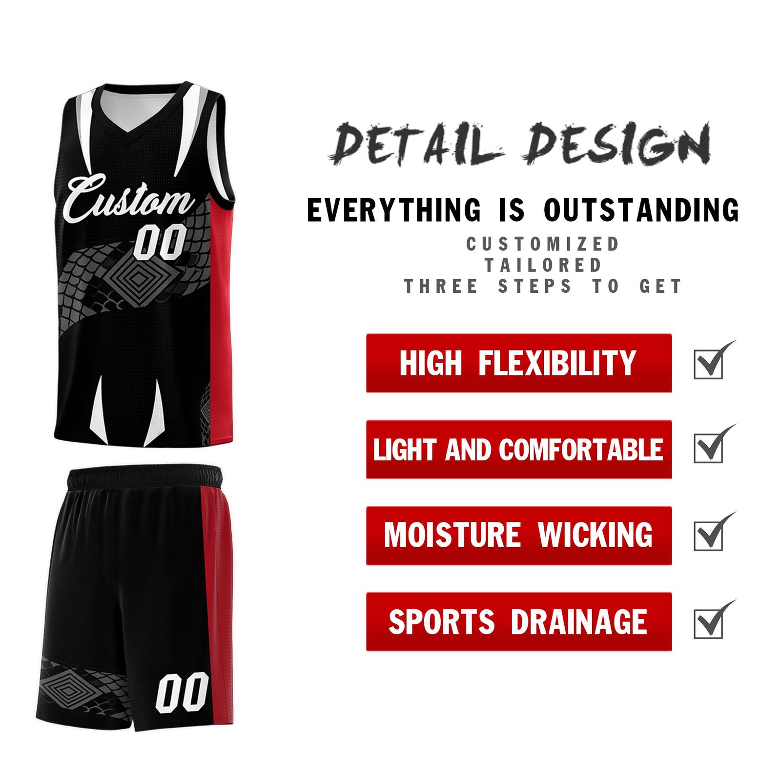 Custom Black Red  Snake Scale Venomous Fang Breathable Graffiti Pattern Basketball Suit Jersey