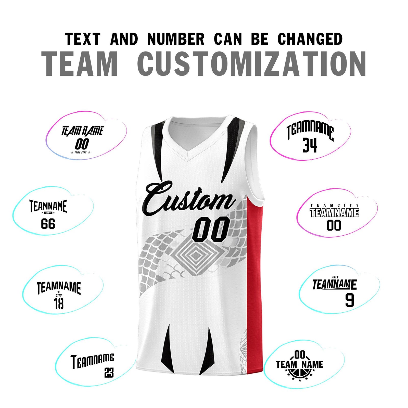 Custom White Red Snake Scale Venomous Fang for Clubs Graffiti Pattern Basketball Suit Jersey