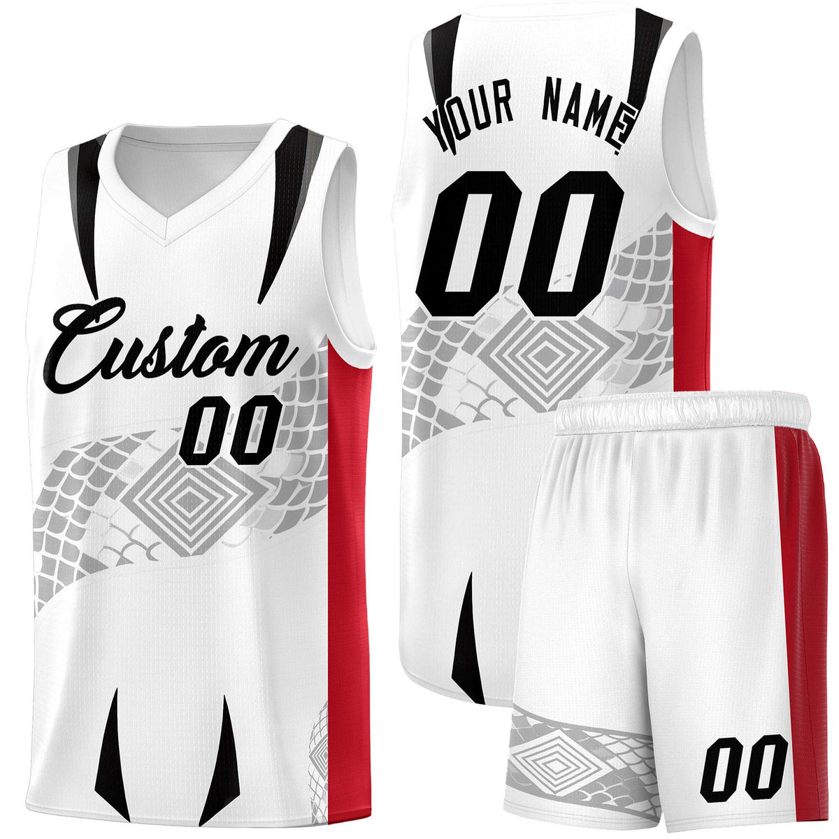 Custom White Red Snake Scale Venomous Fang for Clubs Graffiti Pattern Basketball Suit Jersey