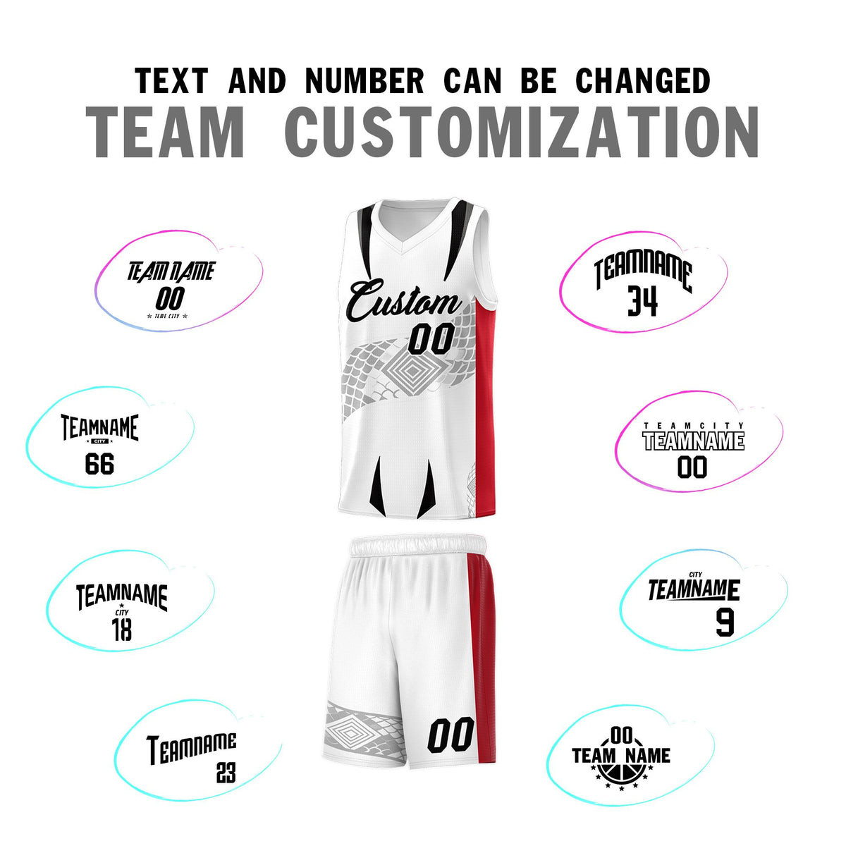 Custom White Red Snake Scale Venomous Fang for Clubs Graffiti Pattern Basketball Suit Jersey