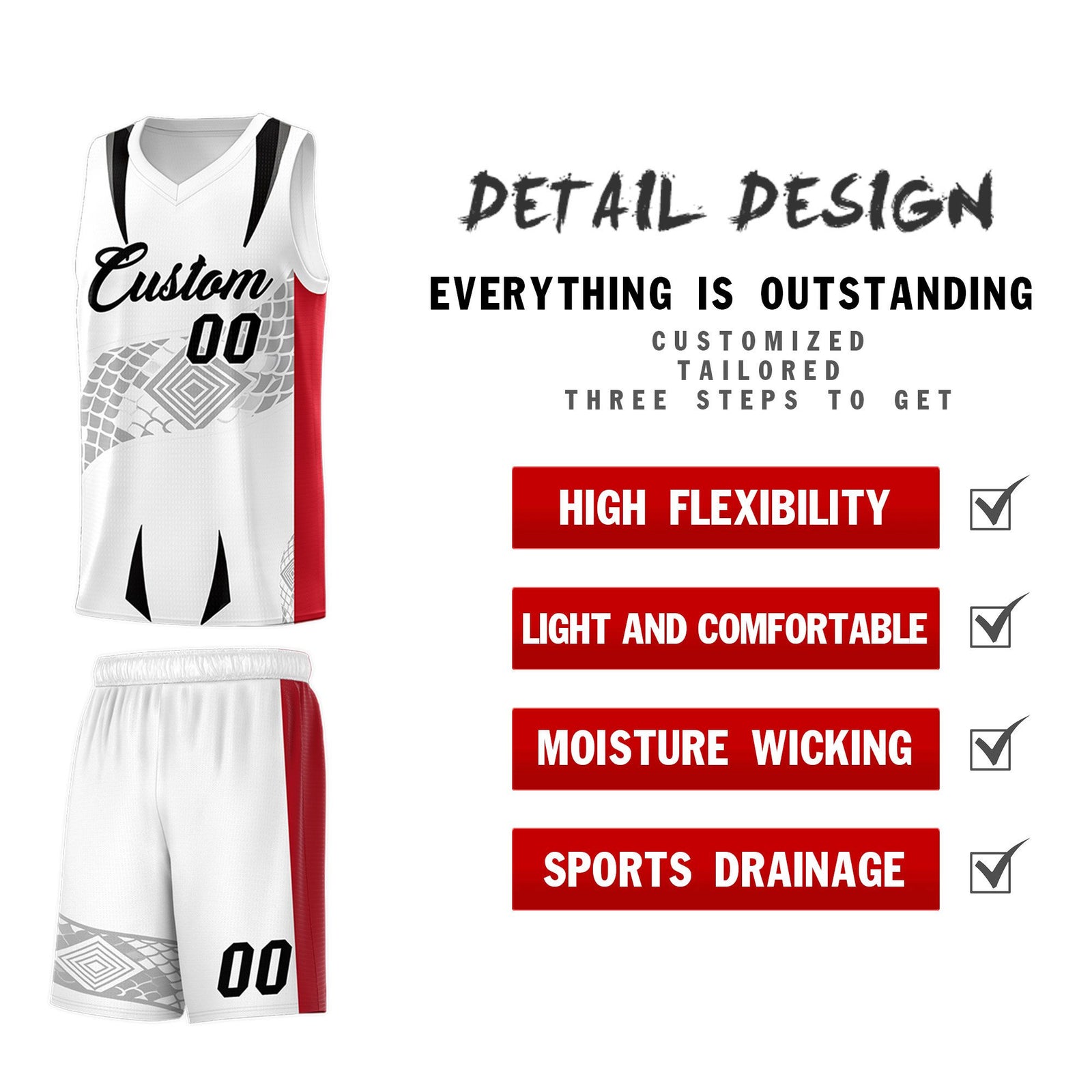 Custom White Red Snake Scale Venomous Fang for Clubs Graffiti Pattern Basketball Suit Jersey