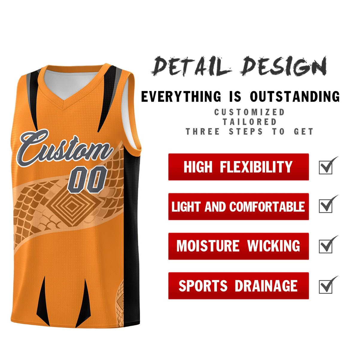 Custom Orange Black Snake Scale Venomous Fang for Clubs Graffiti Pattern Basketball Suit Jersey