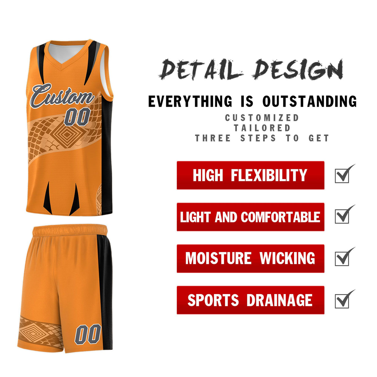 Custom Orange Black Snake Scale Venomous Fang for Clubs Graffiti Pattern Basketball Suit Jersey