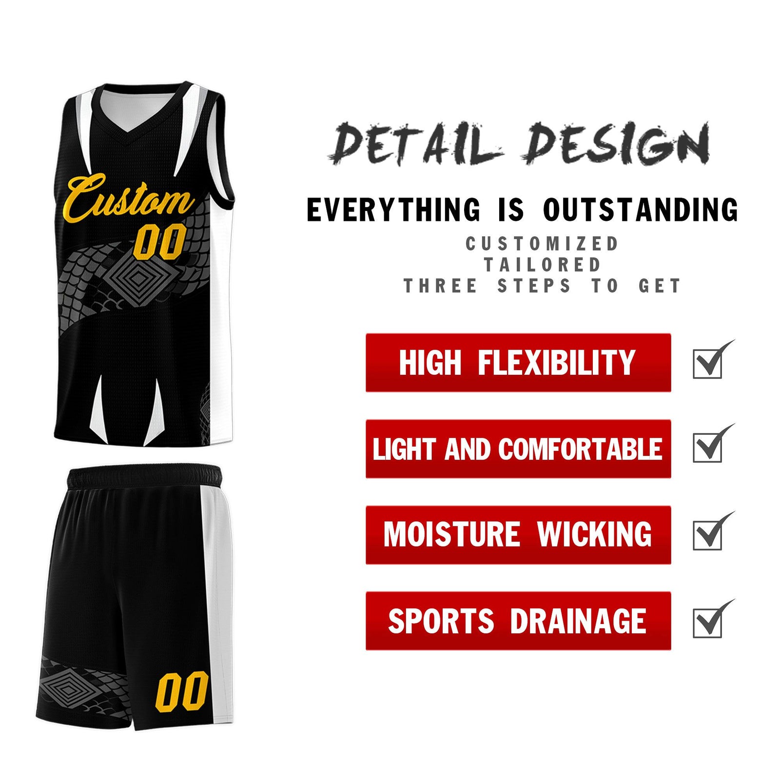 Custom Black White Snake Scale Venomous Fang Lightweight Graffiti Pattern Basketball Suit Jersey