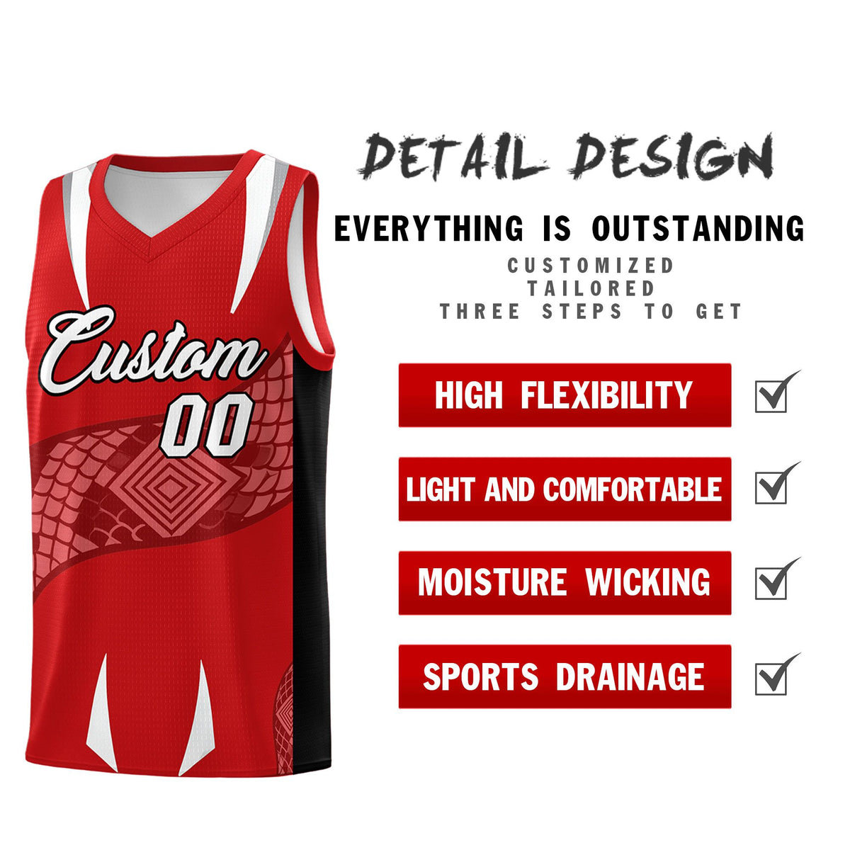 Custom Red Black Snake Scale Venomous Fang Drapable Graffiti Pattern Basketball Suit Jersey