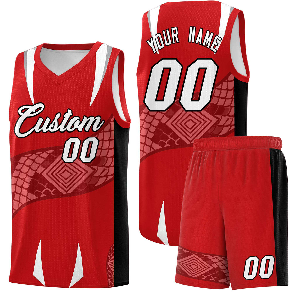 Custom Red Black Snake Scale Venomous Fang Drapable Graffiti Pattern Basketball Suit Jersey