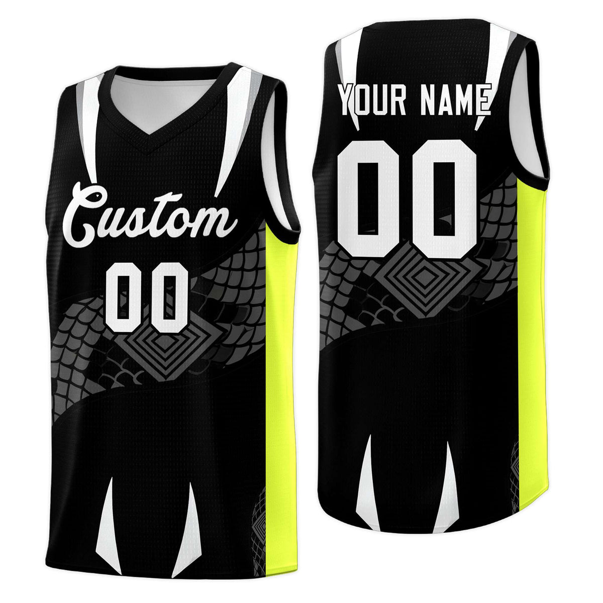 Custom Black Neon Green Snake Scale Venomous Fang Breathable Graffiti Pattern Basketball Suit Jersey