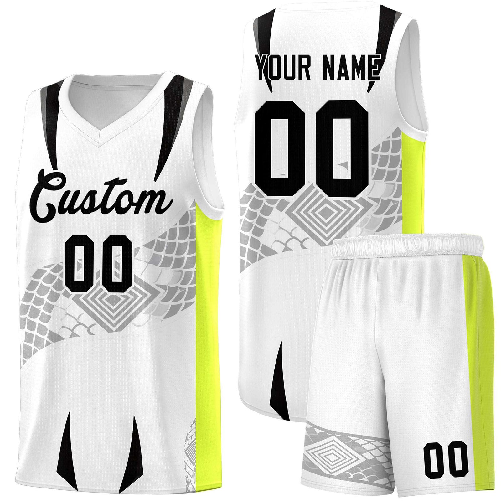 Custom White Neon Green Snake Scale Venomous Fang for Clubs Graffiti Pattern Basketball Suit Jersey
