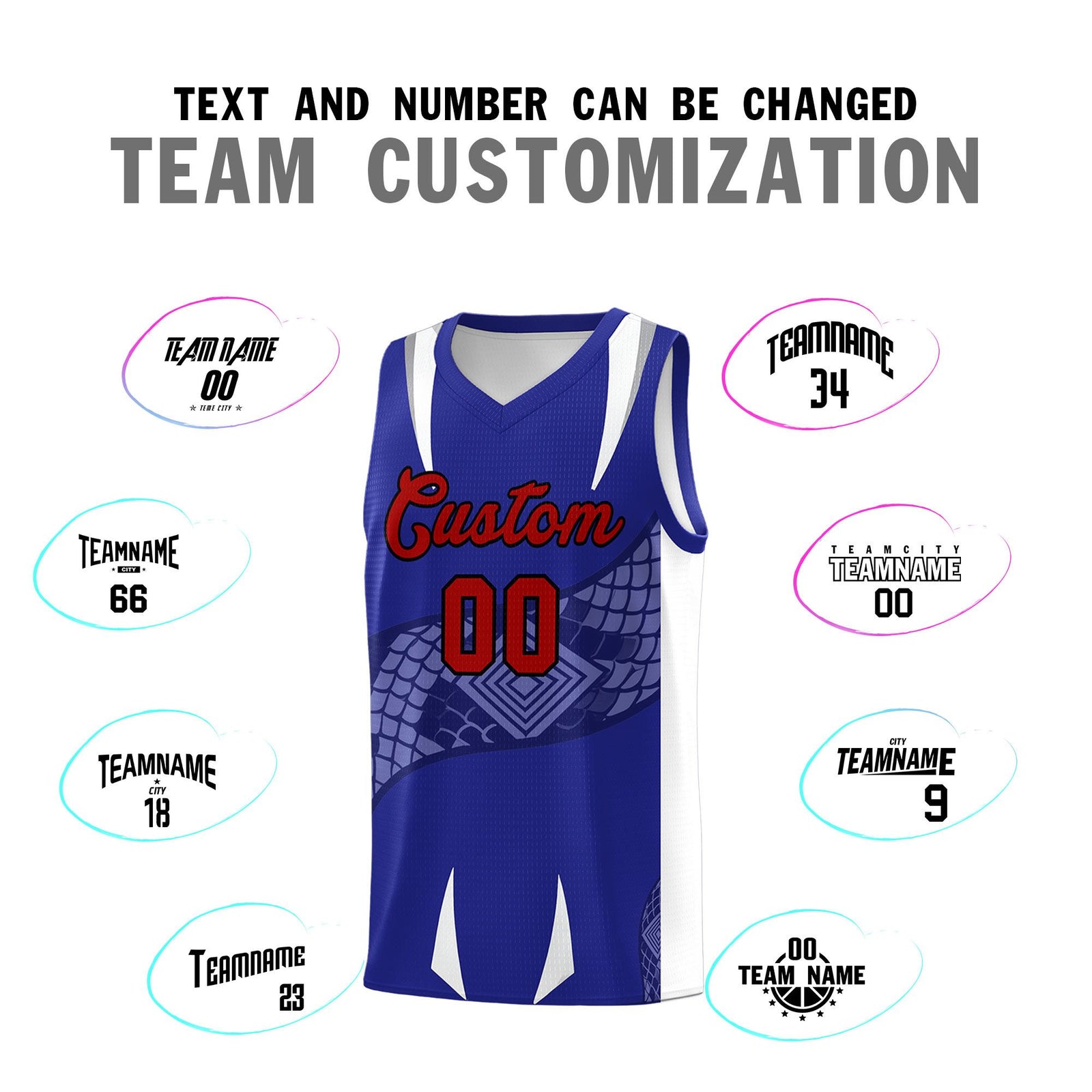 Custom Royal White Snake Scale Venomous Fang Drapable Graffiti Pattern Basketball Suit Jersey