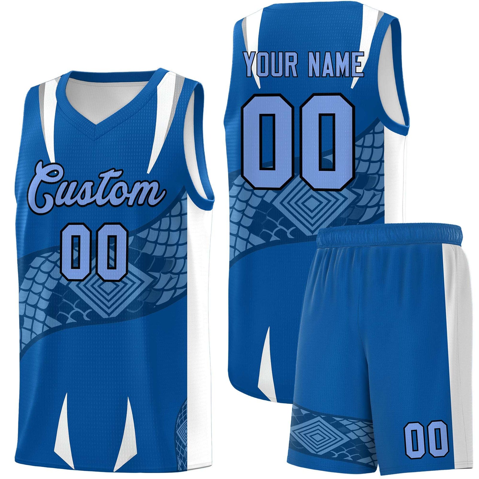 Custom Royal White Snake Scale Venomous Fang Breathable Graffiti Pattern Basketball Suit Jersey