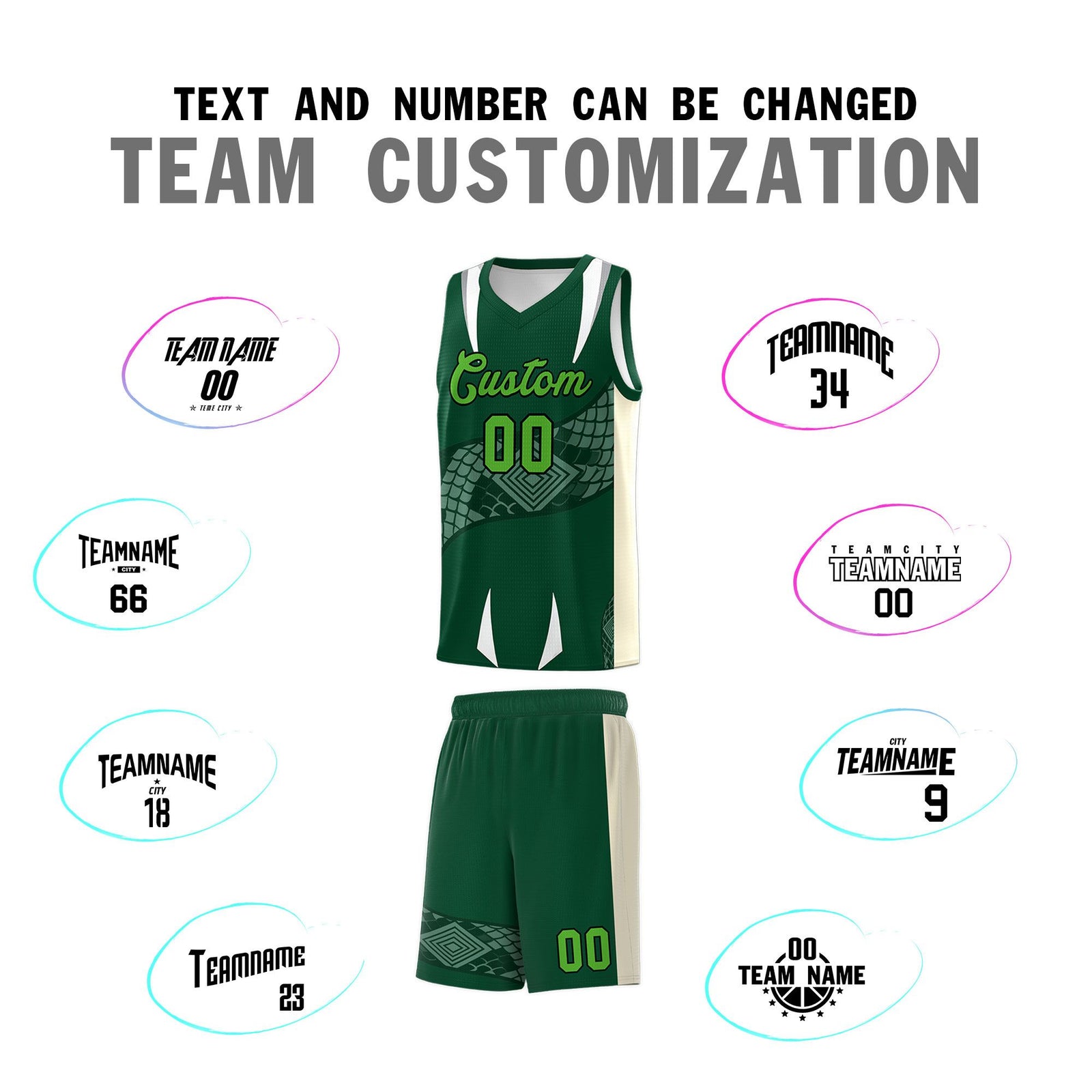 Custom Green Cream Snake Scale Venomous Fang Lightweight Graffiti Pattern Basketball Suit Jersey