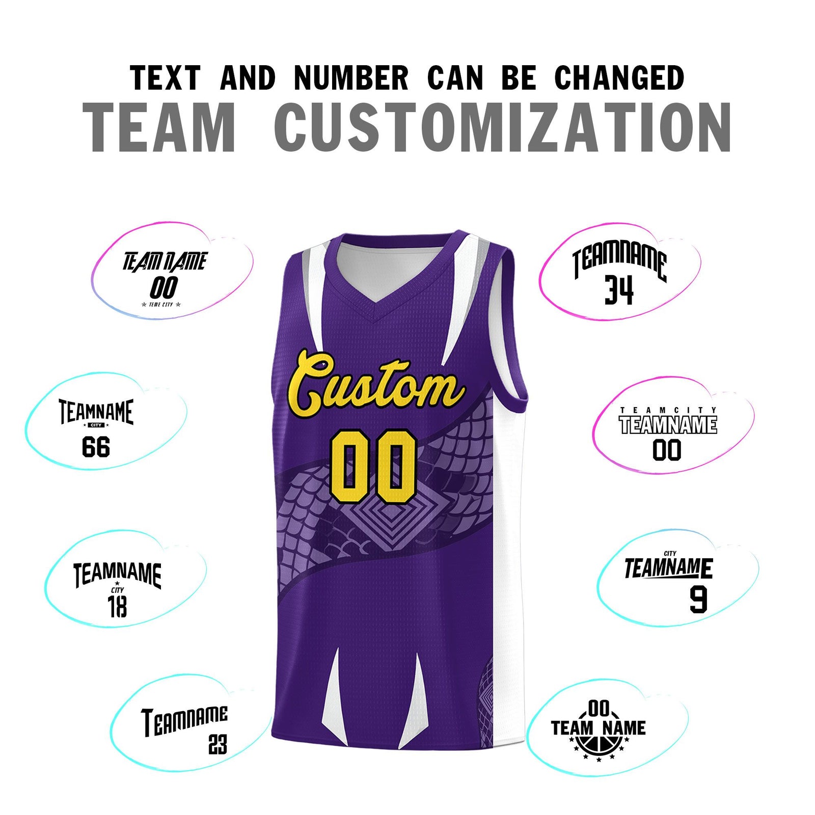Custom Purple White Snake Scale Venomous Fang Drapable Graffiti Pattern Basketball Suit Jersey