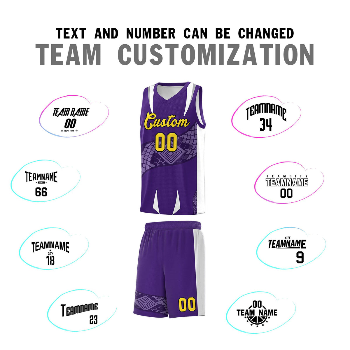 Custom Purple White Snake Scale Venomous Fang Drapable Graffiti Pattern Basketball Suit Jersey