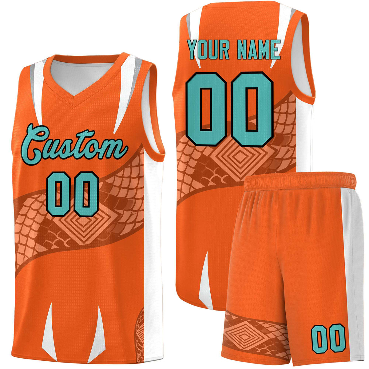 Custom Orange White Snake Scale Venomous Fang Lightweight Graffiti Pattern Basketball Suit Jersey