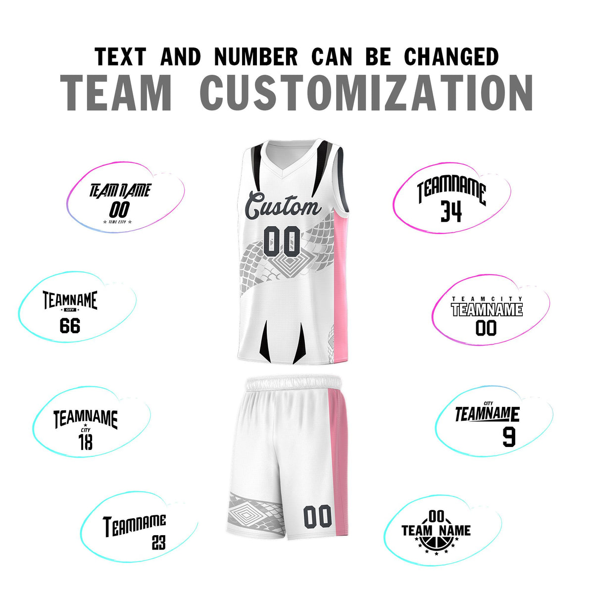 Custom White Light Pink Snake Scale Venomous Fang for Leagues Graffiti Pattern Basketball Suit Jersey