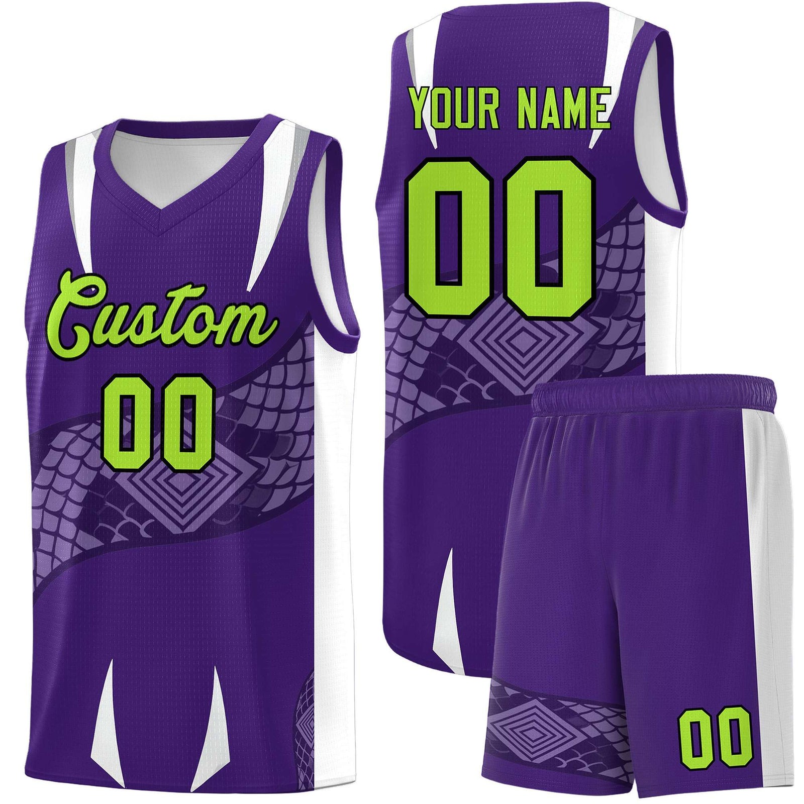 Custom Purple White Snake Scale Venomous Fang Breathable Graffiti Pattern Basketball Suit Jersey