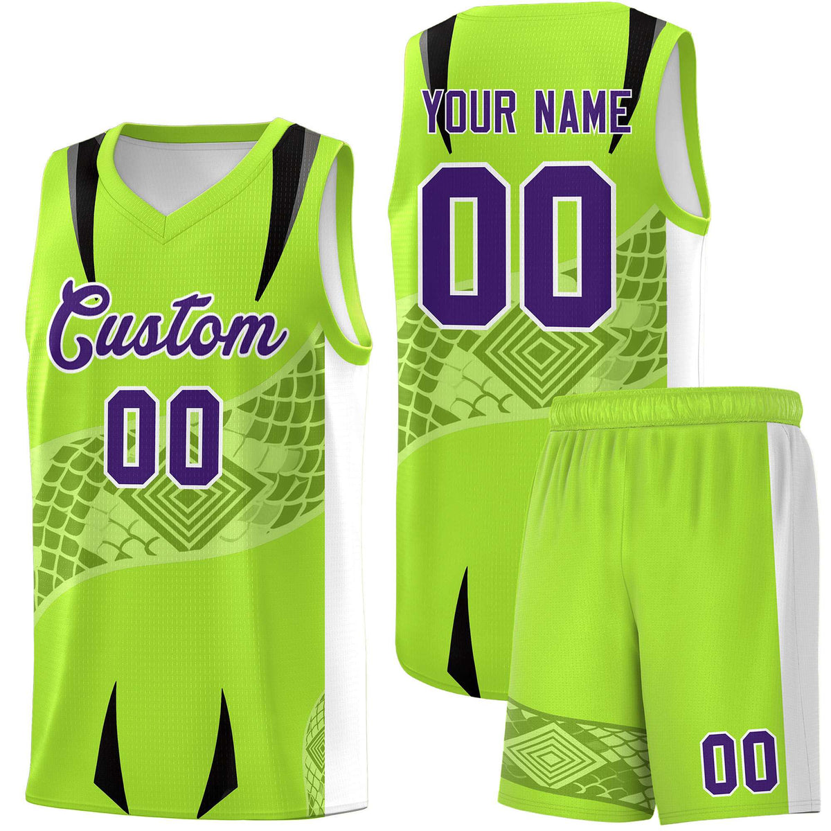 Custom Neon Green White Snake Scale Venomous Fang for Clubs Graffiti Pattern Basketball Suit Jersey