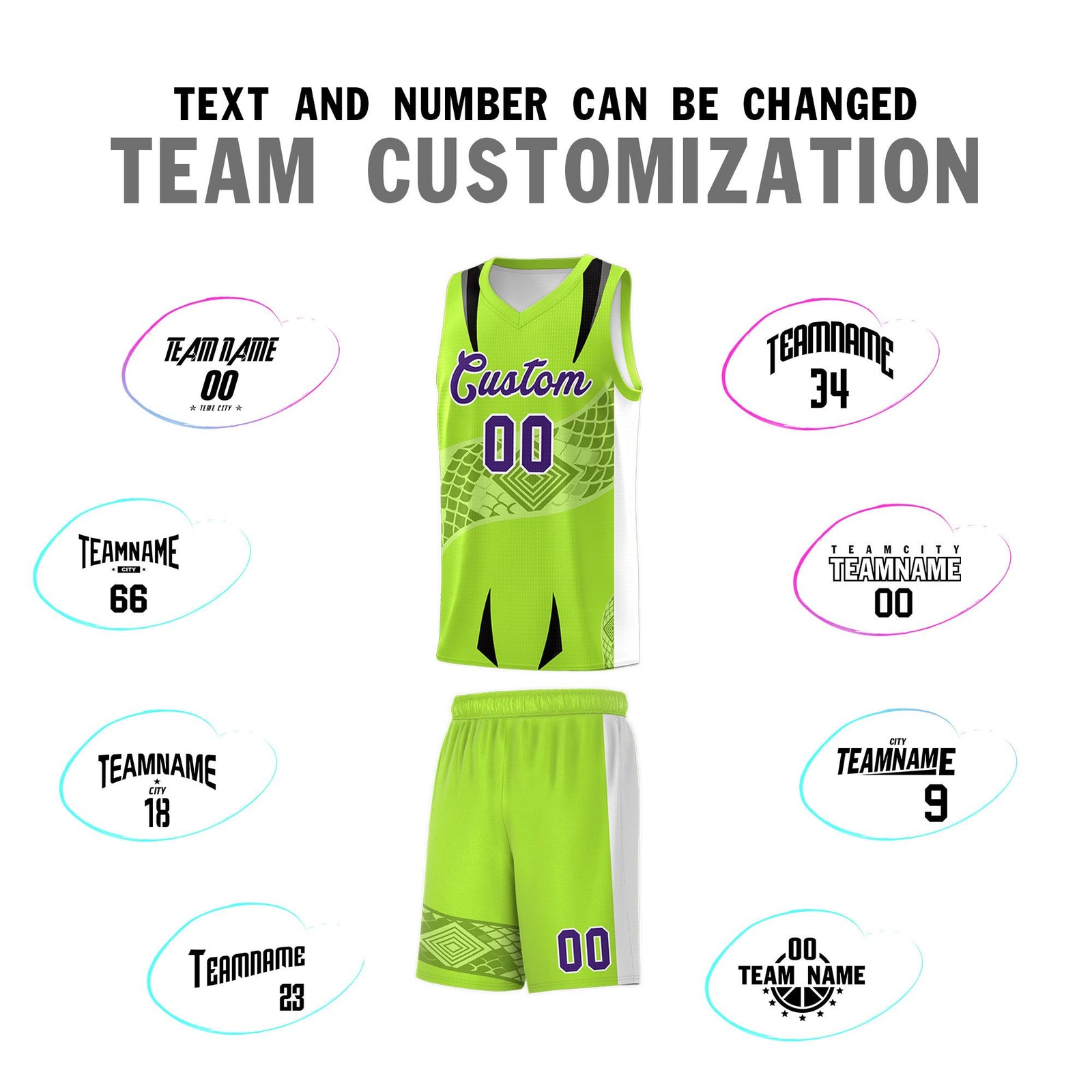 Custom Neon Green White Snake Scale Venomous Fang for Clubs Graffiti Pattern Basketball Suit Jersey
