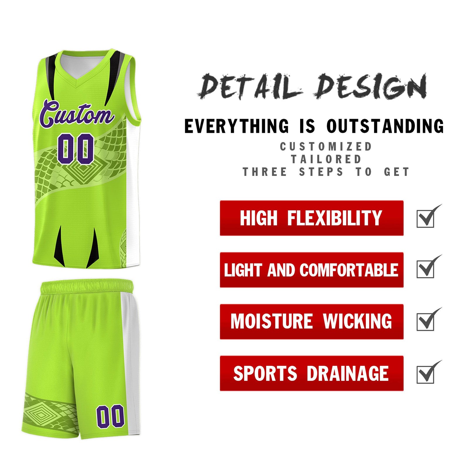 Custom Neon Green White Snake Scale Venomous Fang for Clubs Graffiti Pattern Basketball Suit Jersey