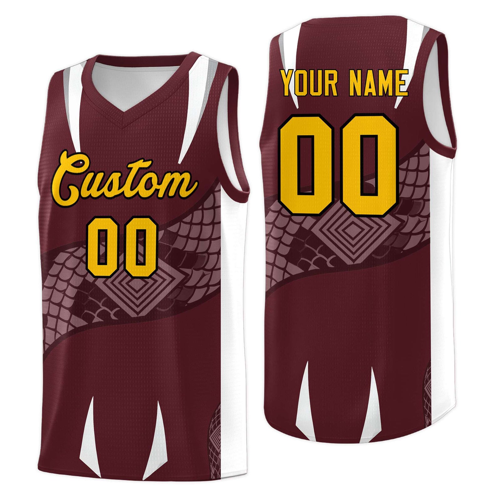 Custom Burgundy White Snake Scale Venomous Fang Drapable Graffiti Pattern Basketball Suit Jersey