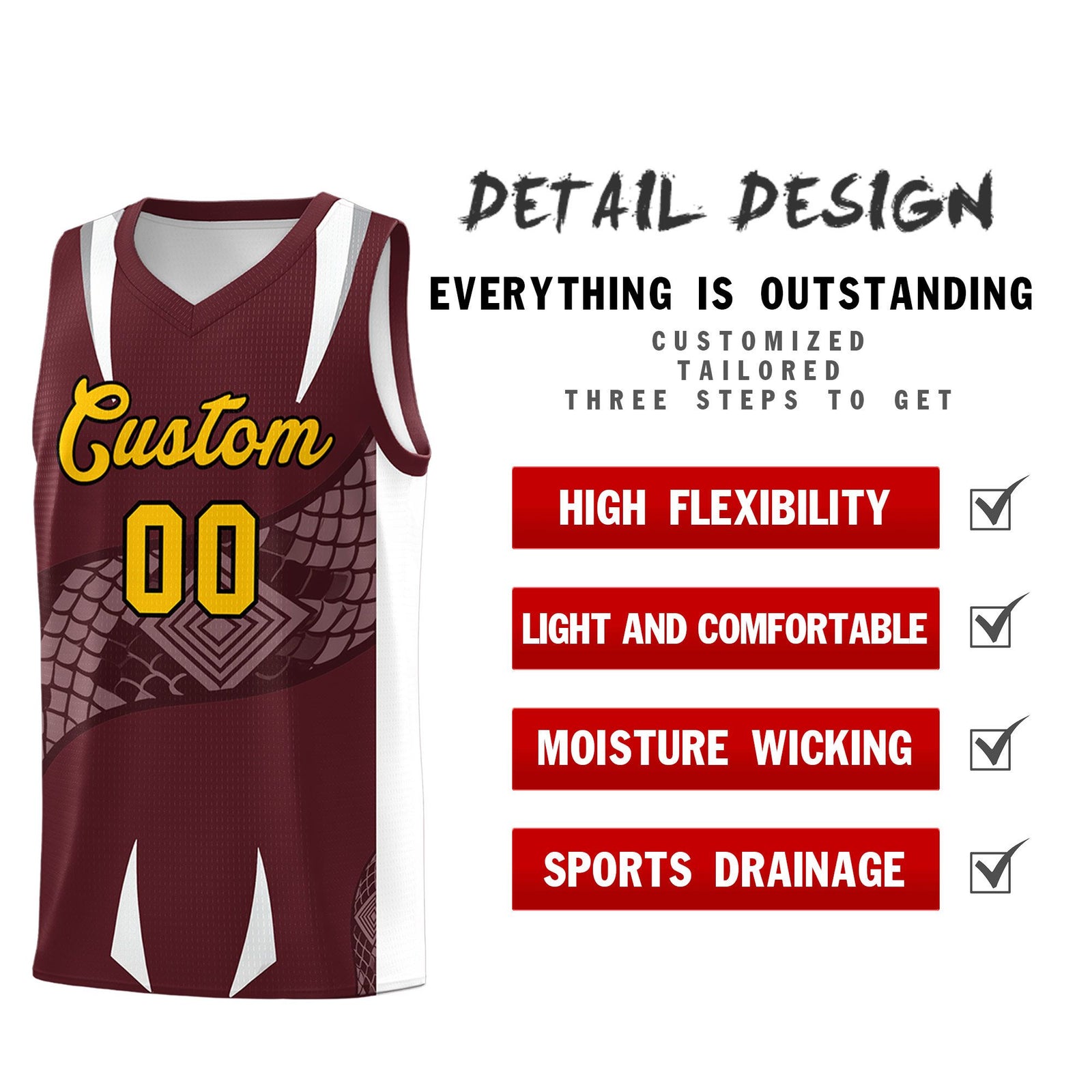 Custom Burgundy White Snake Scale Venomous Fang Drapable Graffiti Pattern Basketball Suit Jersey