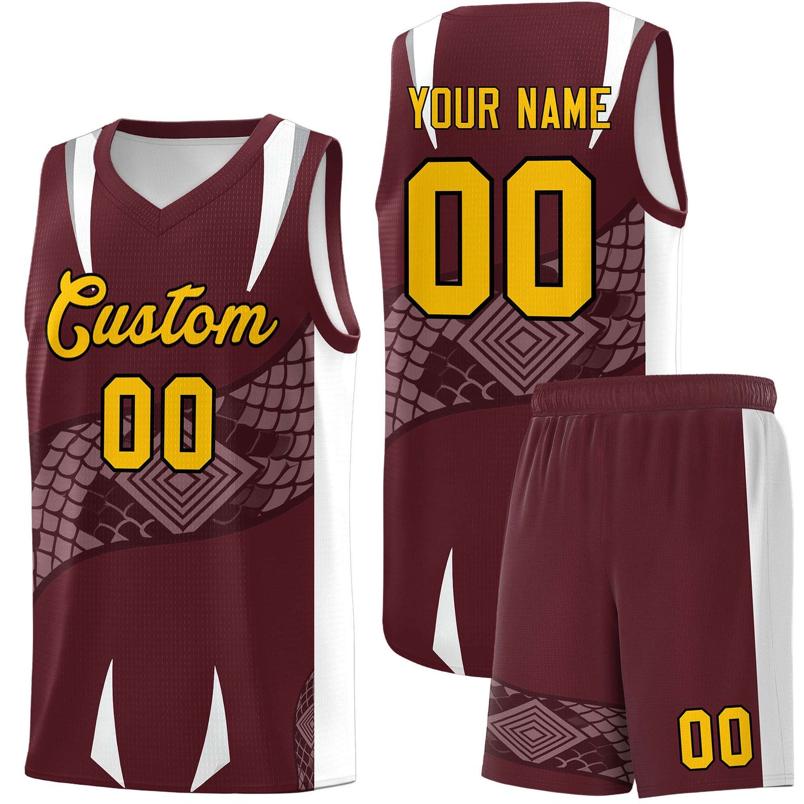 Custom Burgundy White Snake Scale Venomous Fang Drapable Graffiti Pattern Basketball Suit Jersey
