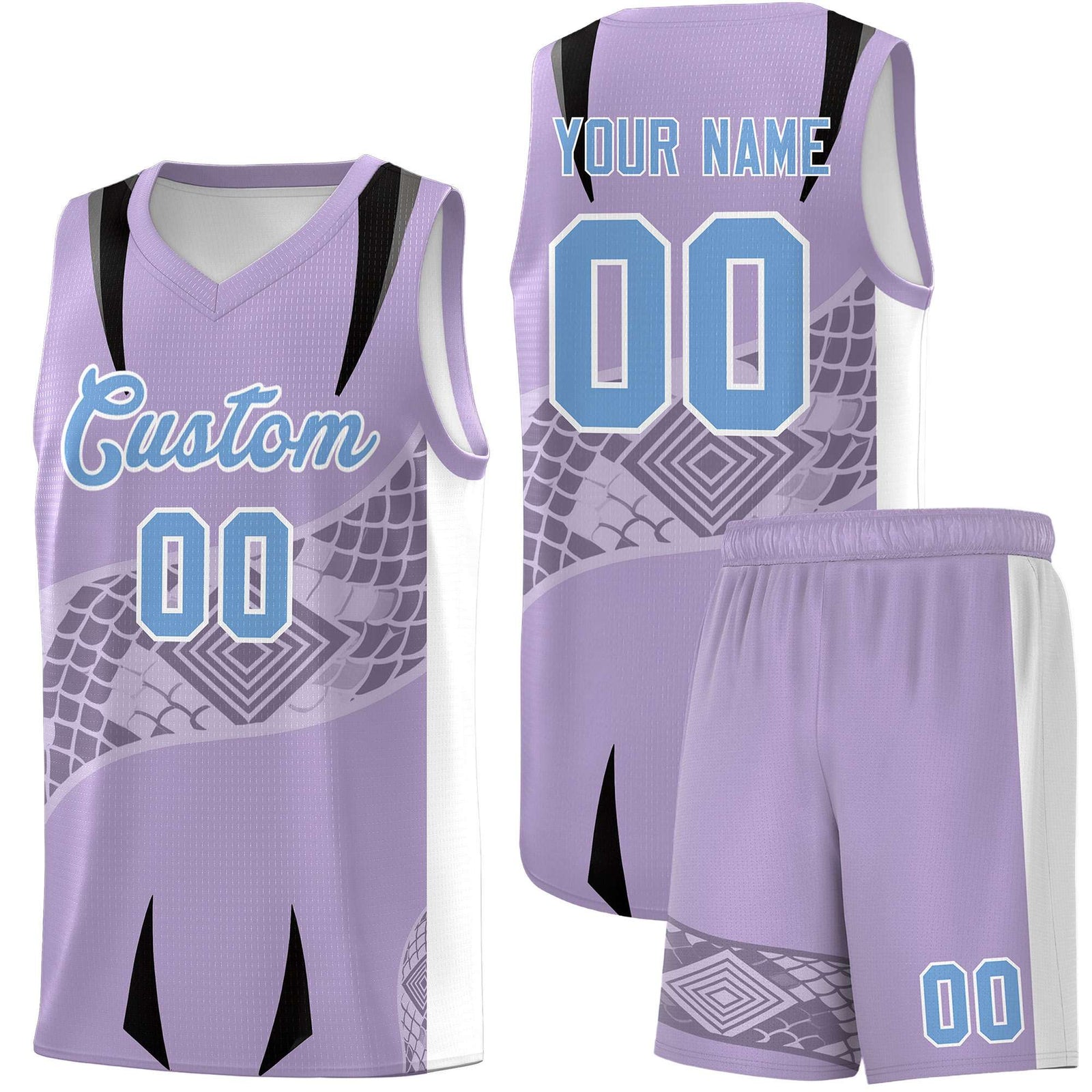 Custom Light Purple White Snake Scale Venomous Fang for Team Graffiti Pattern Basketball Suit Jersey