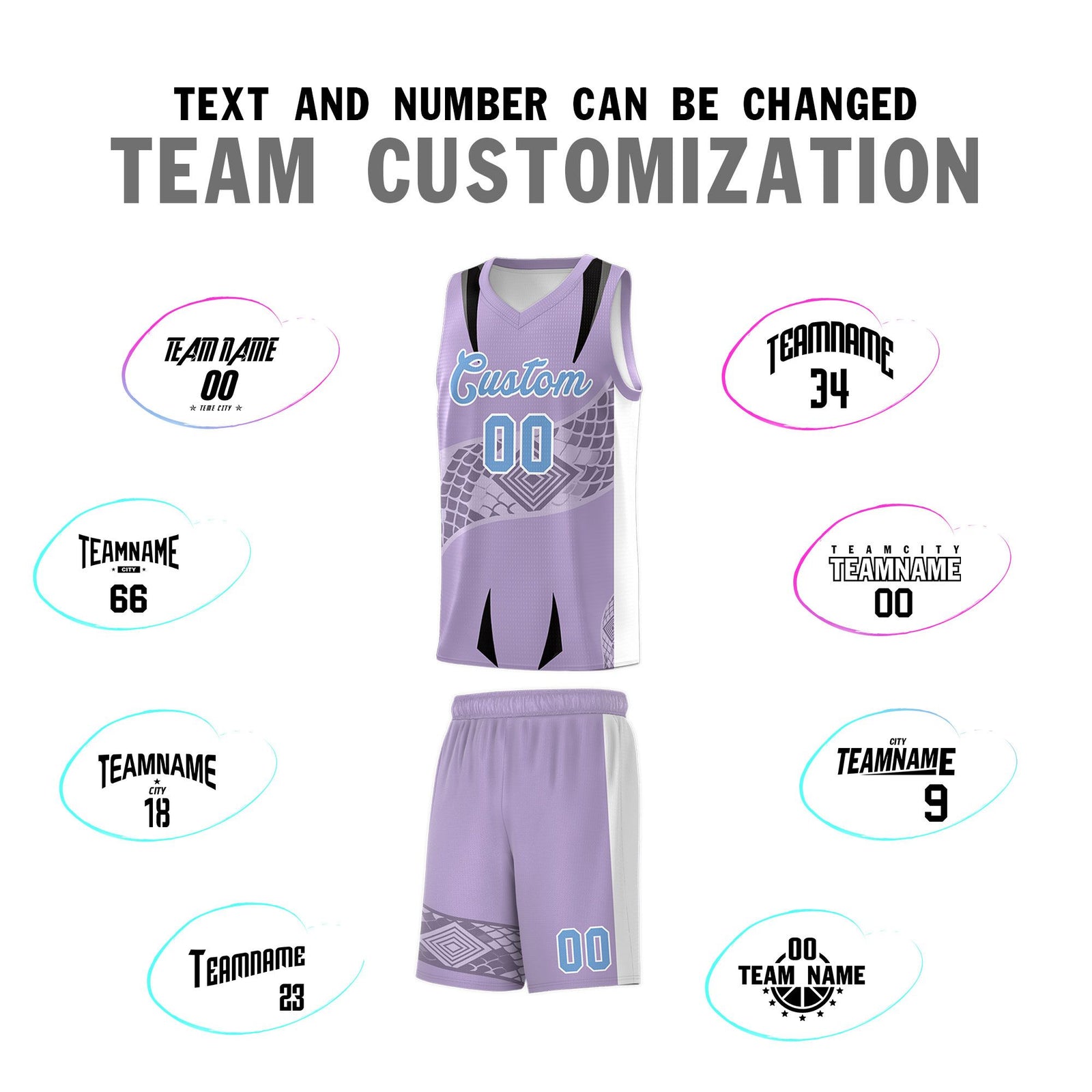Custom Light Purple White Snake Scale Venomous Fang for Team Graffiti Pattern Basketball Suit Jersey