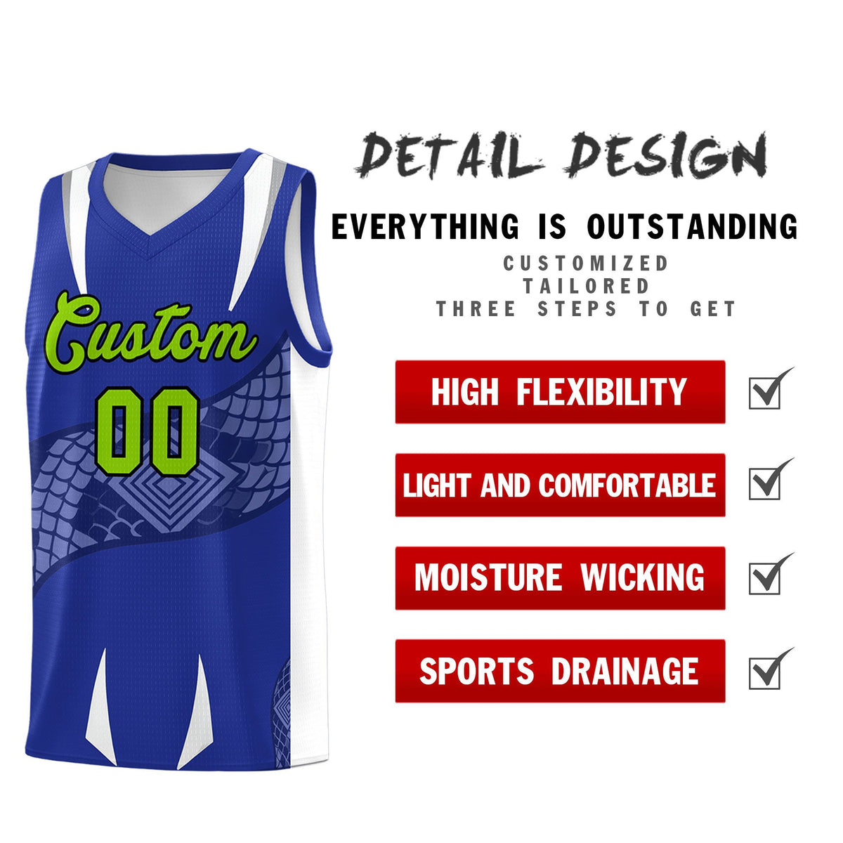 Custom Royal White Snake Scale Venomous Fang Drapable Graffiti Pattern Basketball Suit Jersey