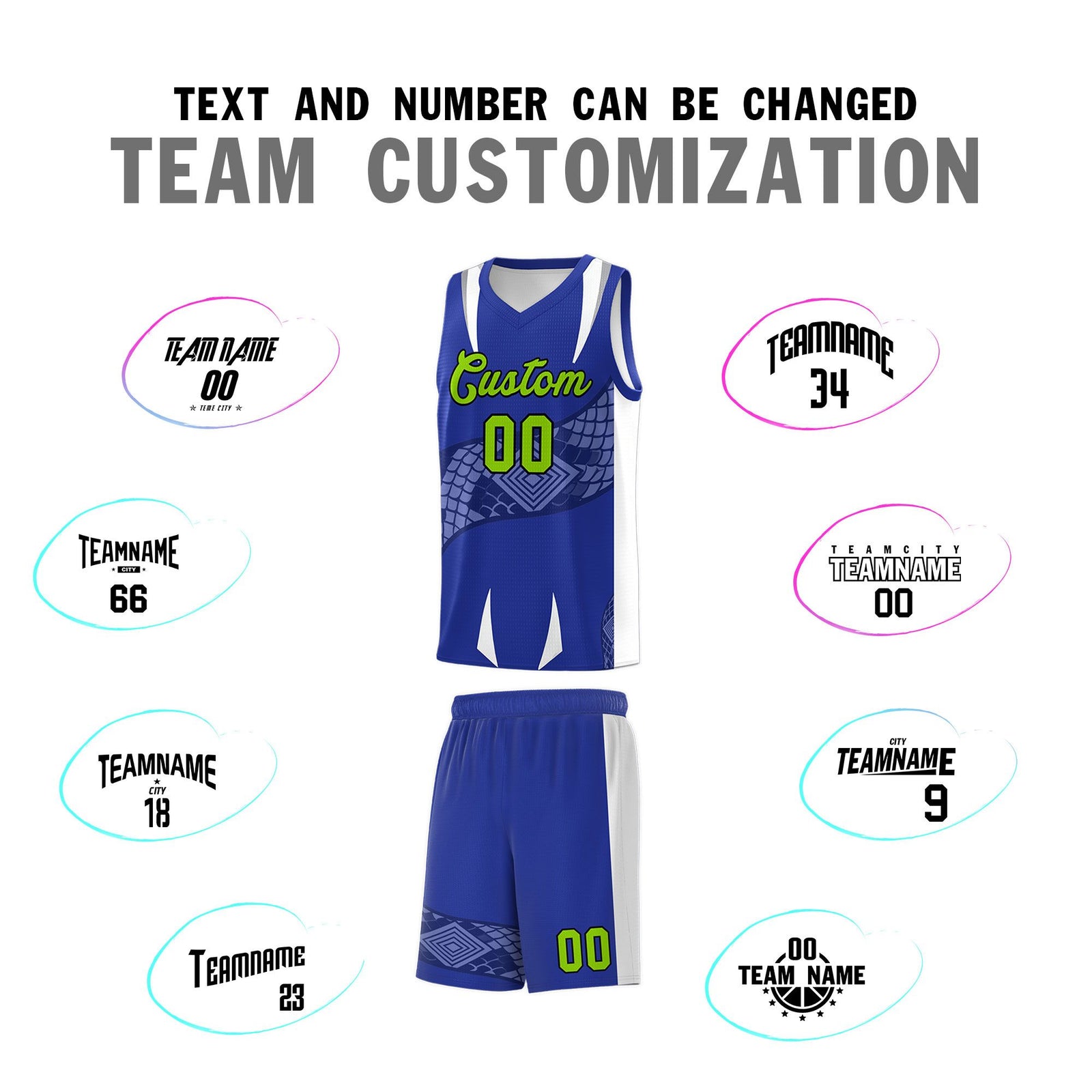 Custom Royal White Snake Scale Venomous Fang Drapable Graffiti Pattern Basketball Suit Jersey