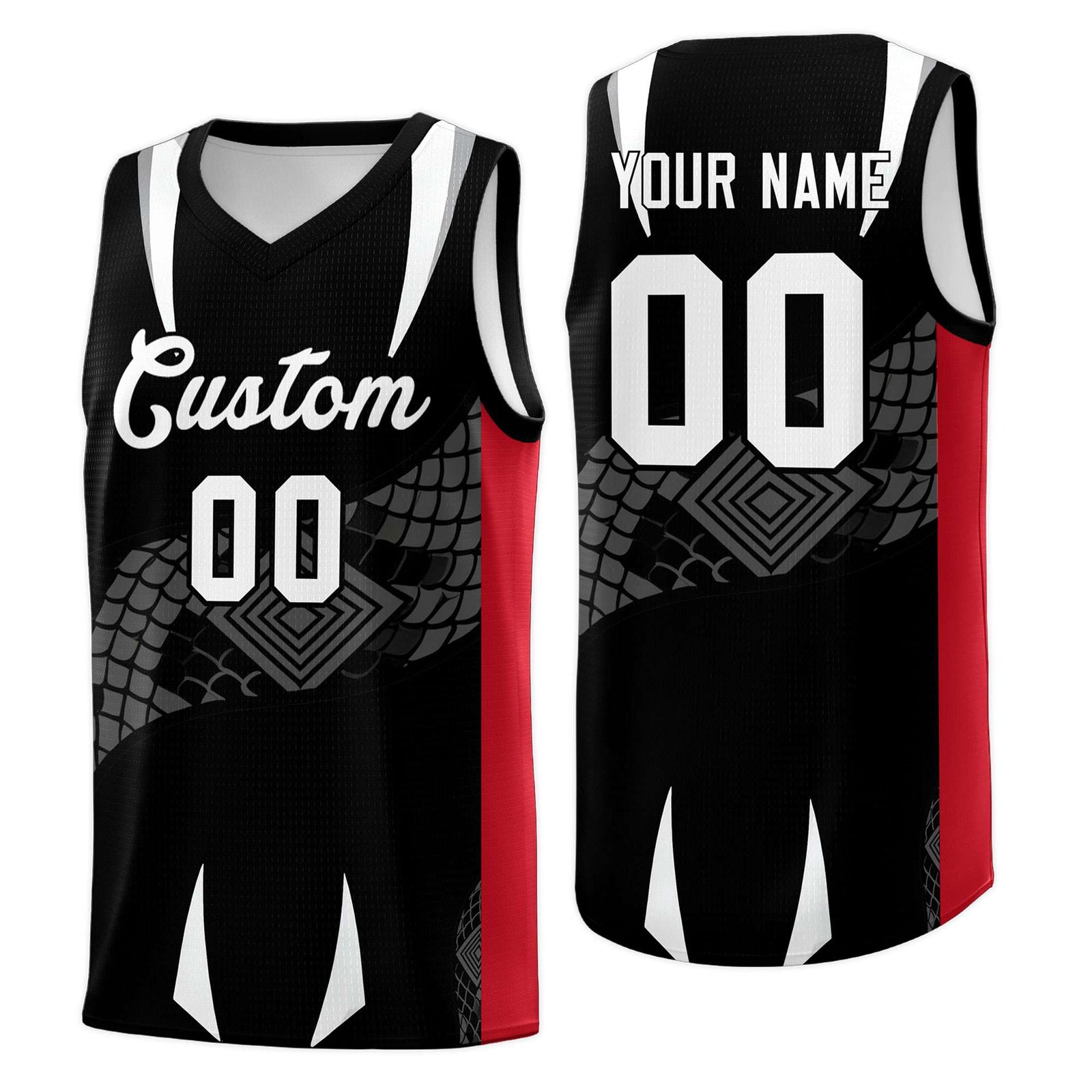 Custom Black Red  Snake Scale Venomous Fang Breathable Graffiti Pattern Basketball Suit Jersey