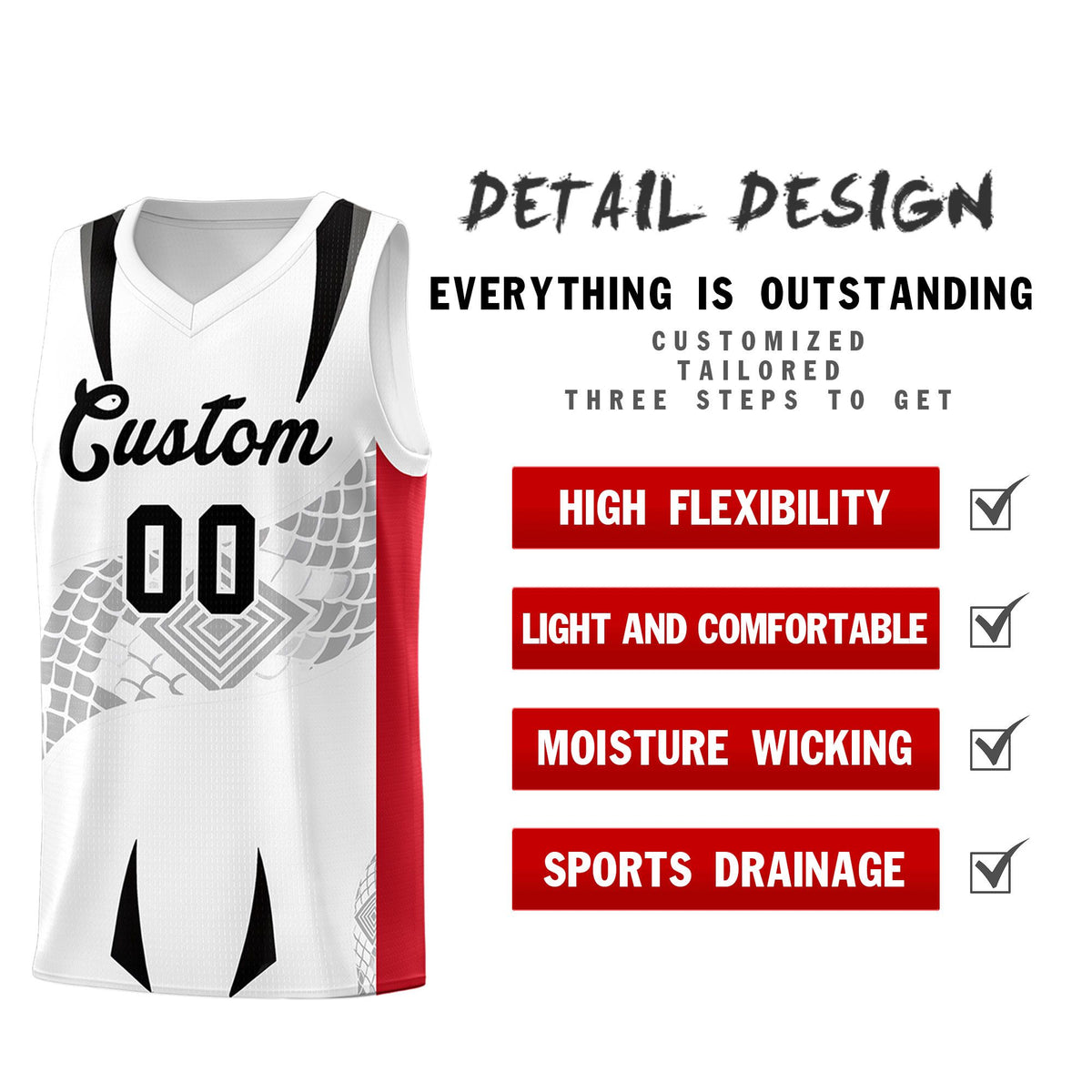 Custom White Red Snake Scale Venomous Fang for Clubs Graffiti Pattern Basketball Suit Jersey