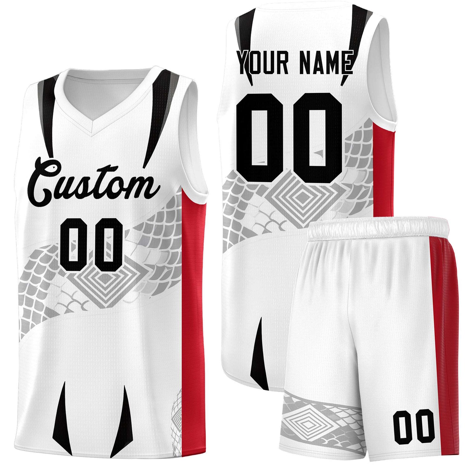 Custom White Red Snake Scale Venomous Fang for Clubs Graffiti Pattern Basketball Suit Jersey