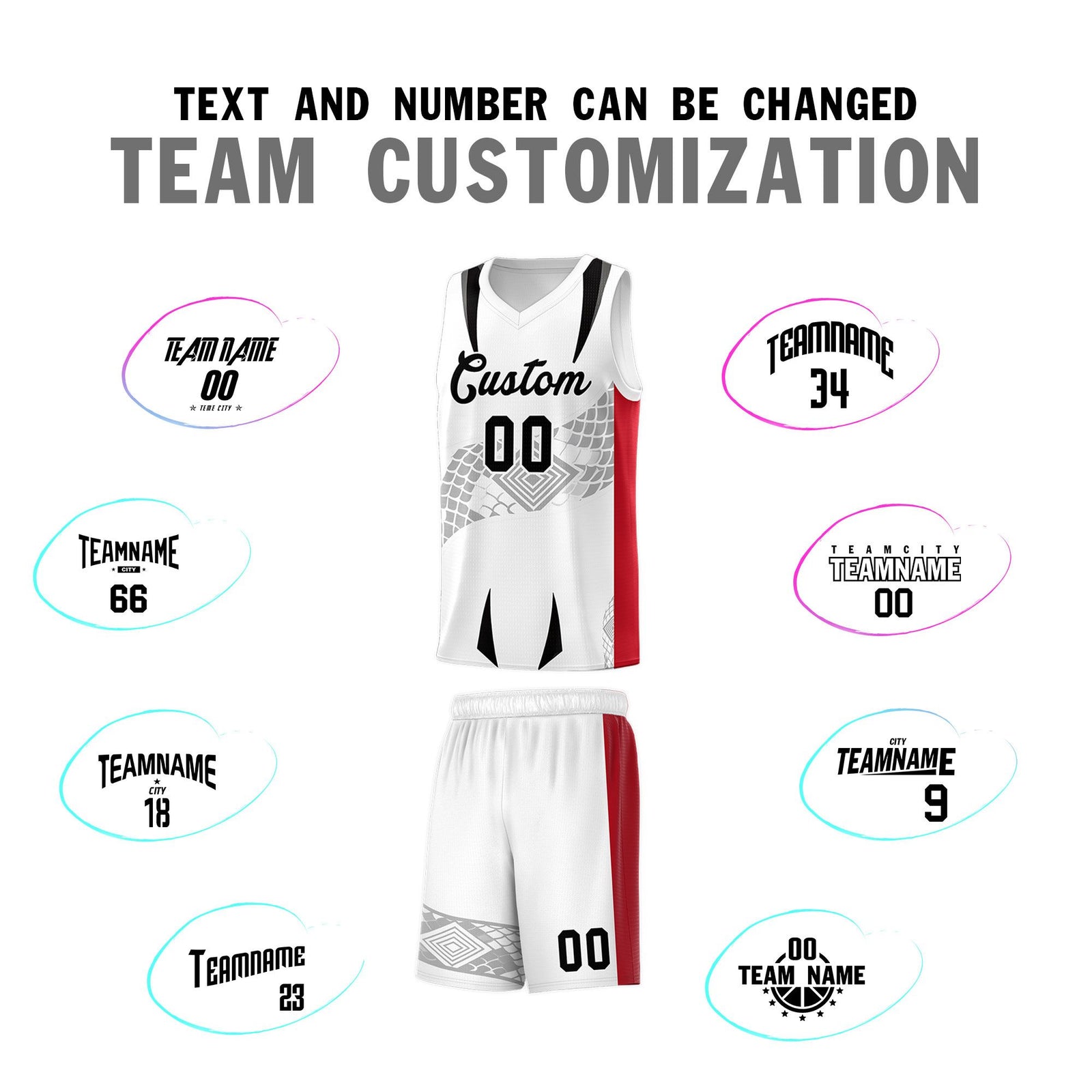 Custom White Red Snake Scale Venomous Fang for Clubs Graffiti Pattern Basketball Suit Jersey