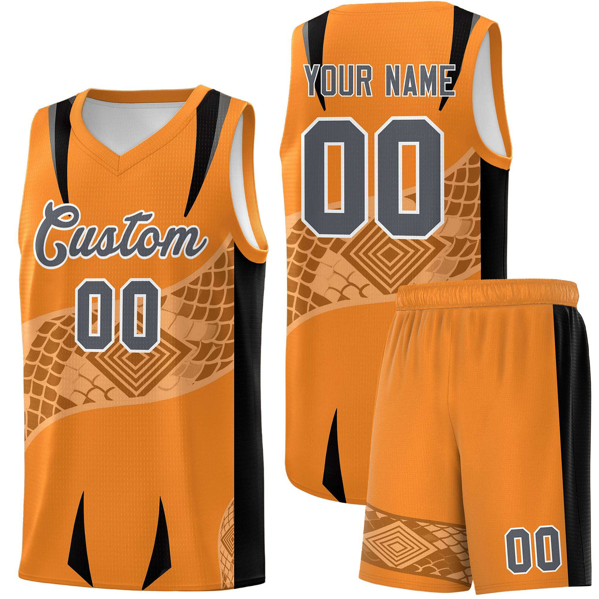 Custom Orange Black Snake Scale Venomous Fang for Clubs Graffiti Pattern Basketball Suit Jersey