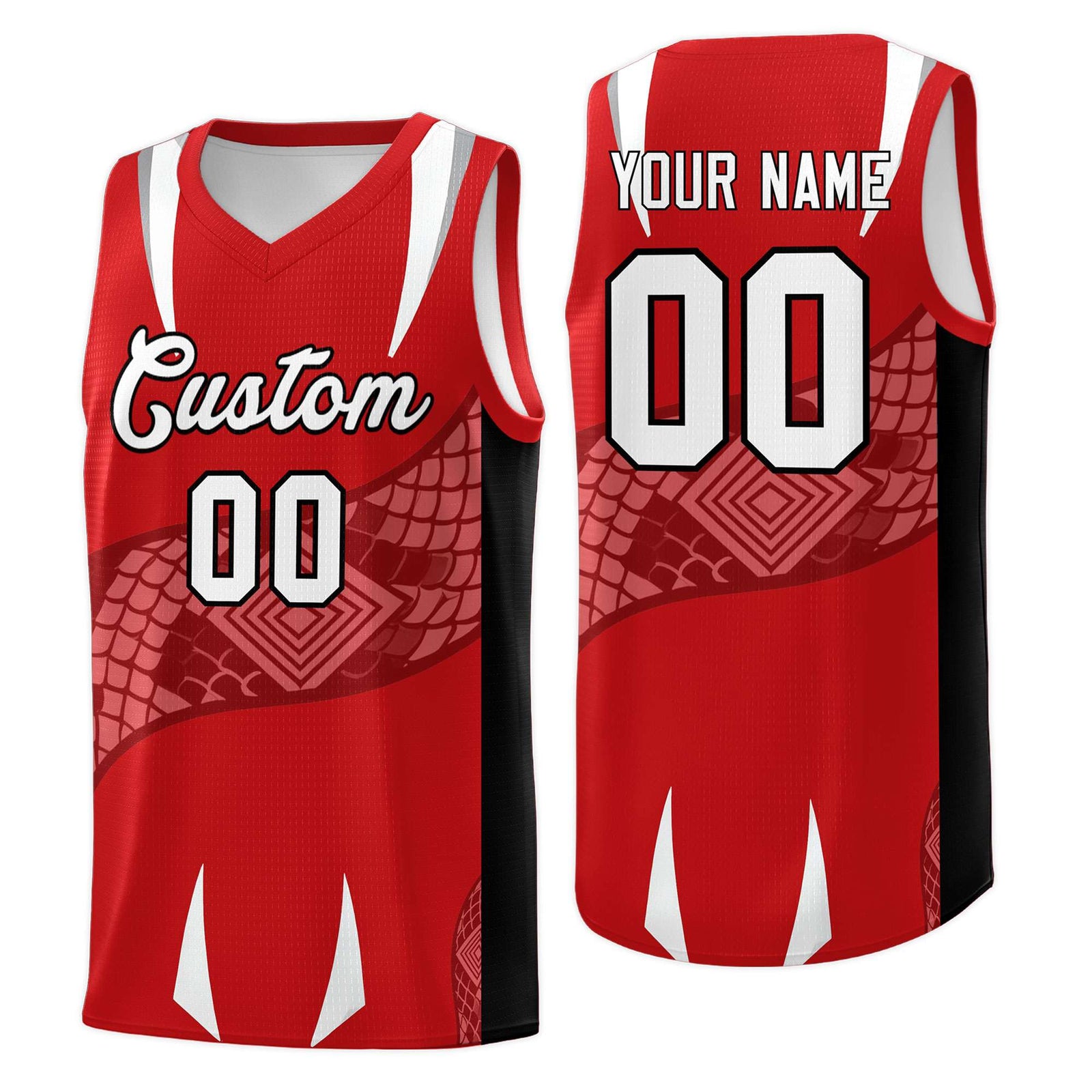 Custom Red Black Snake Scale Venomous Fang Drapable Graffiti Pattern Basketball Suit Jersey