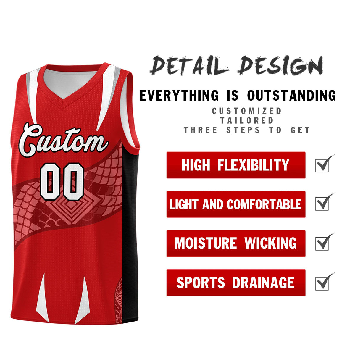 Custom Red Black Snake Scale Venomous Fang Drapable Graffiti Pattern Basketball Suit Jersey