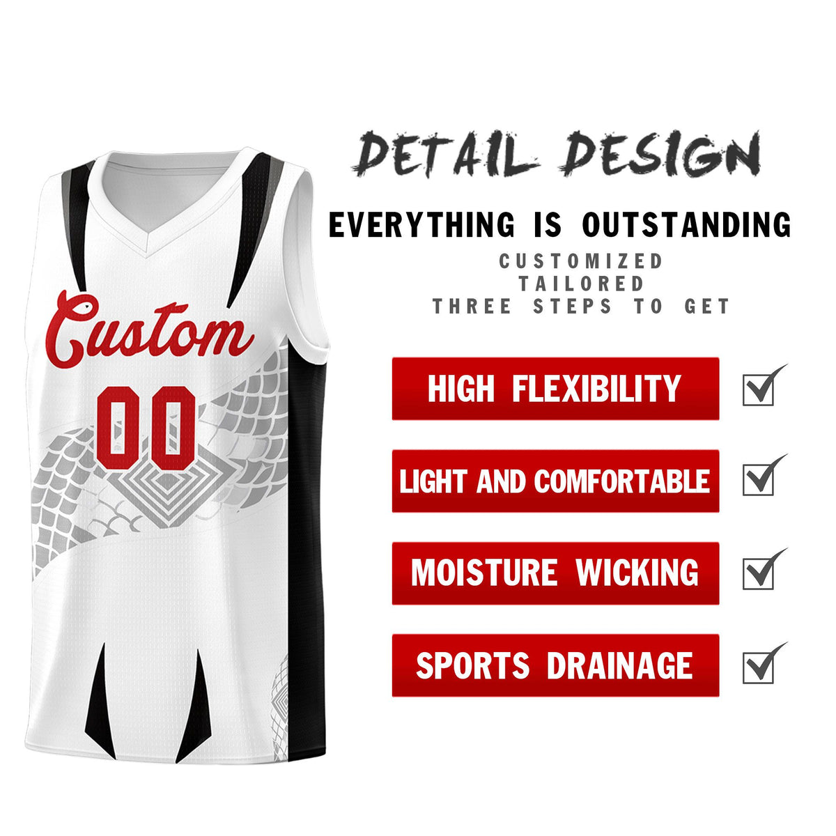 Custom White Black Snake Scale Venomous Fang for Leagues Graffiti Pattern Basketball Suit Jersey