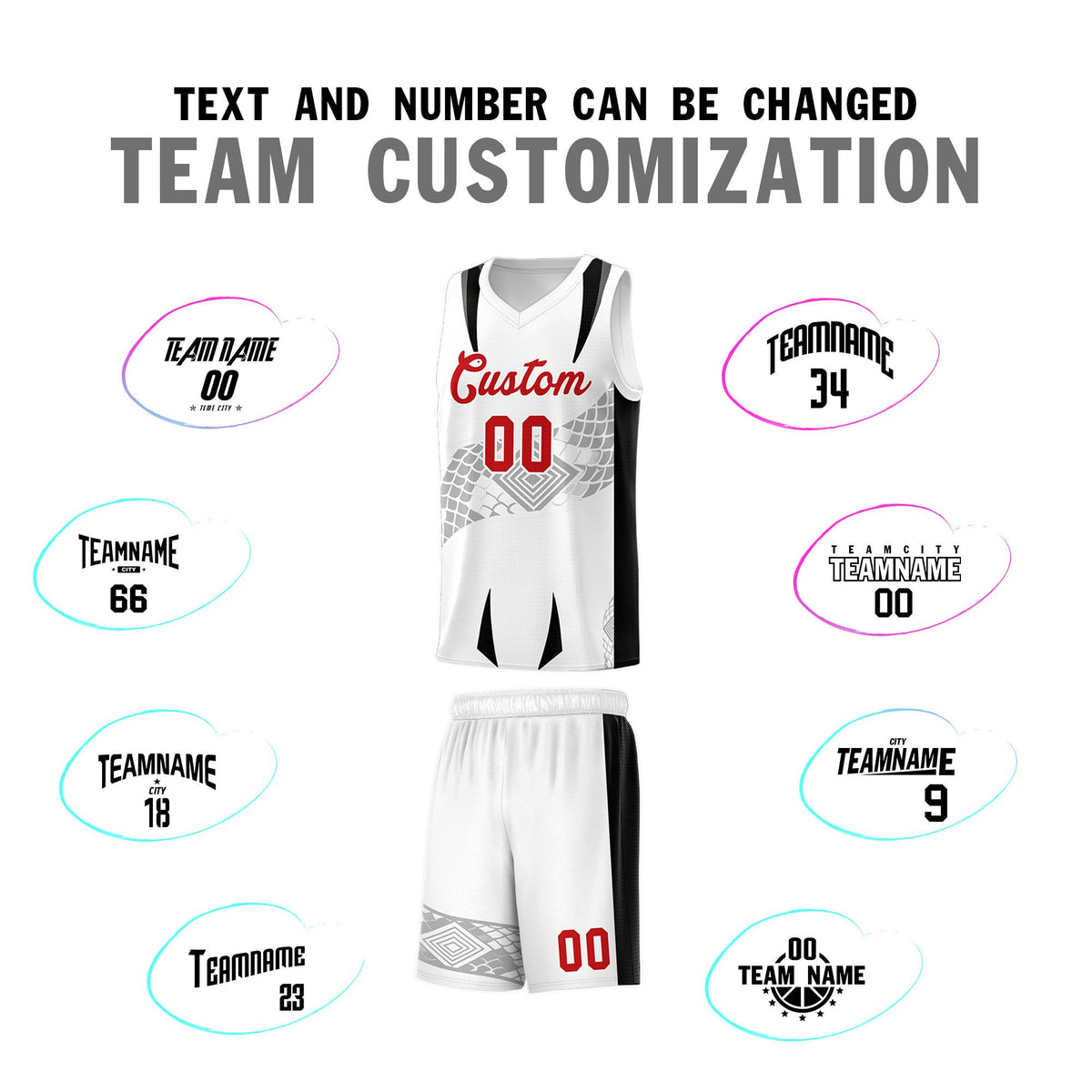Custom White Black Snake Scale Venomous Fang for Leagues Graffiti Pattern Basketball Suit Jersey