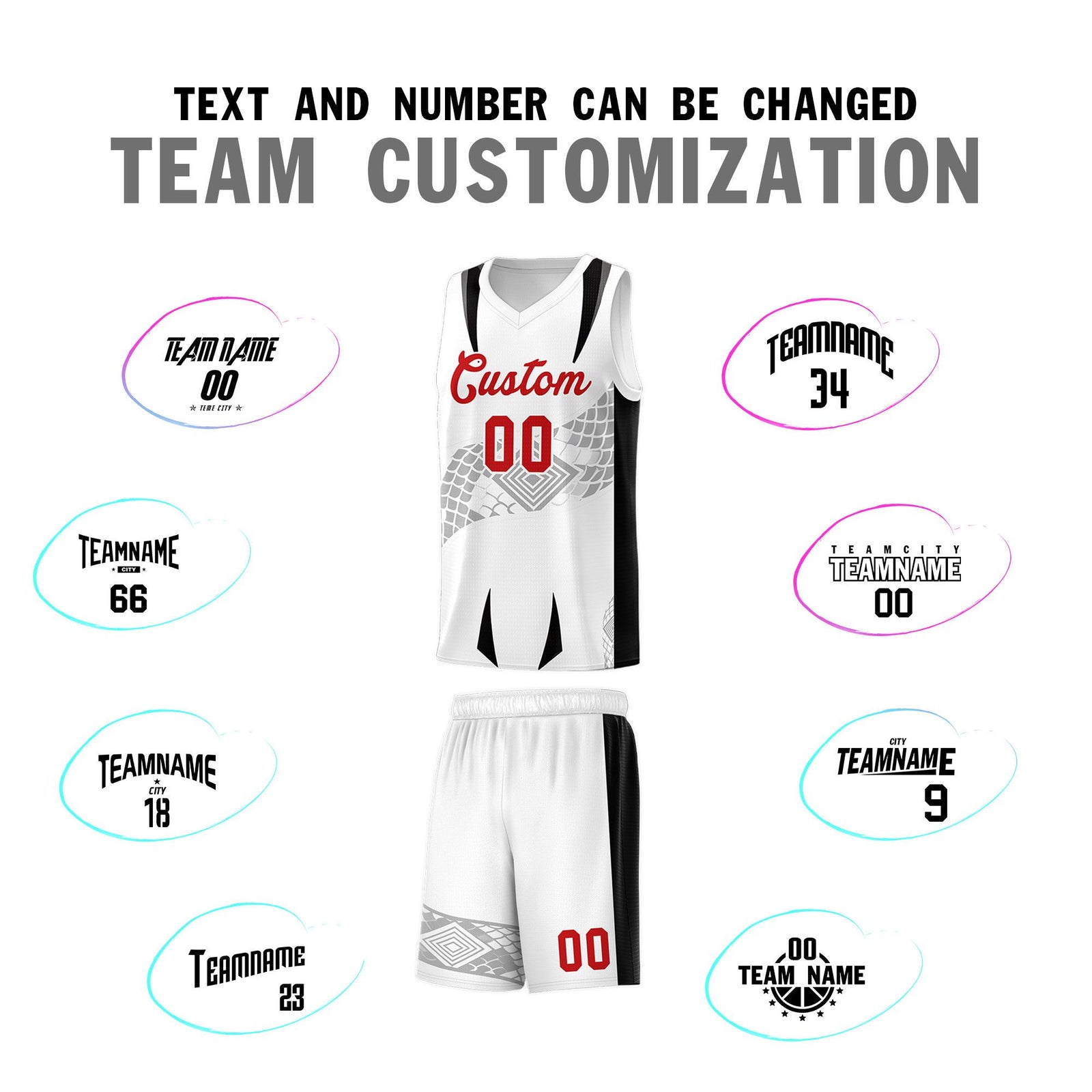 Custom White Black Snake Scale Venomous Fang for Leagues Graffiti Pattern Basketball Suit Jersey