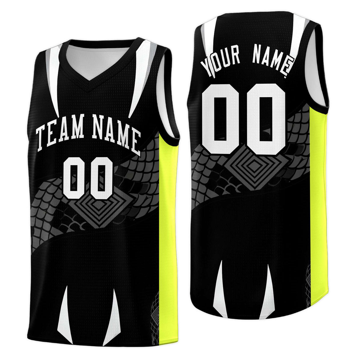 Custom Black Neon Green Snake Scale Venomous Fang Breathable Graffiti Pattern Basketball Suit Jersey